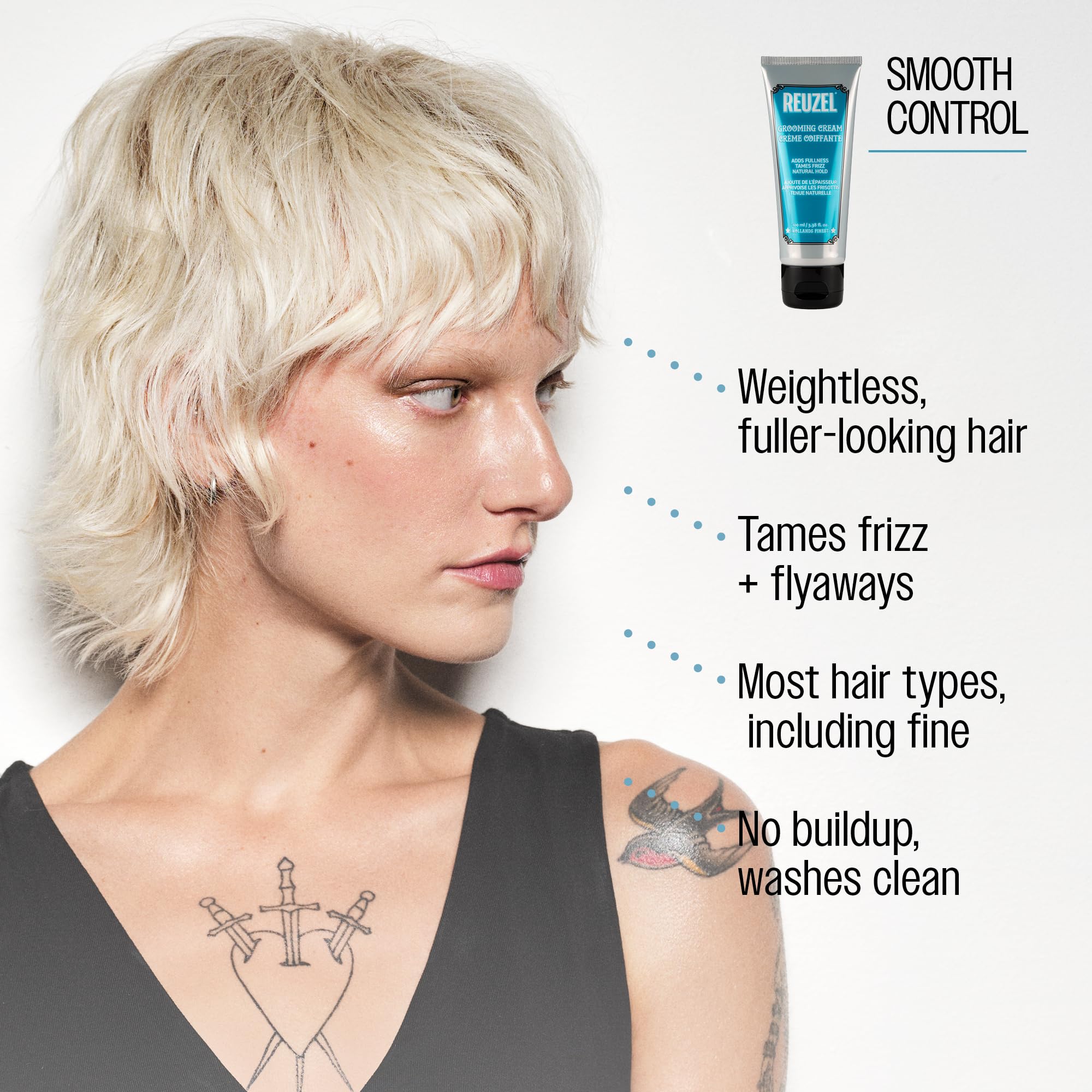 REUZEL grooming cream before and after hairstyle showing improved definition benefit