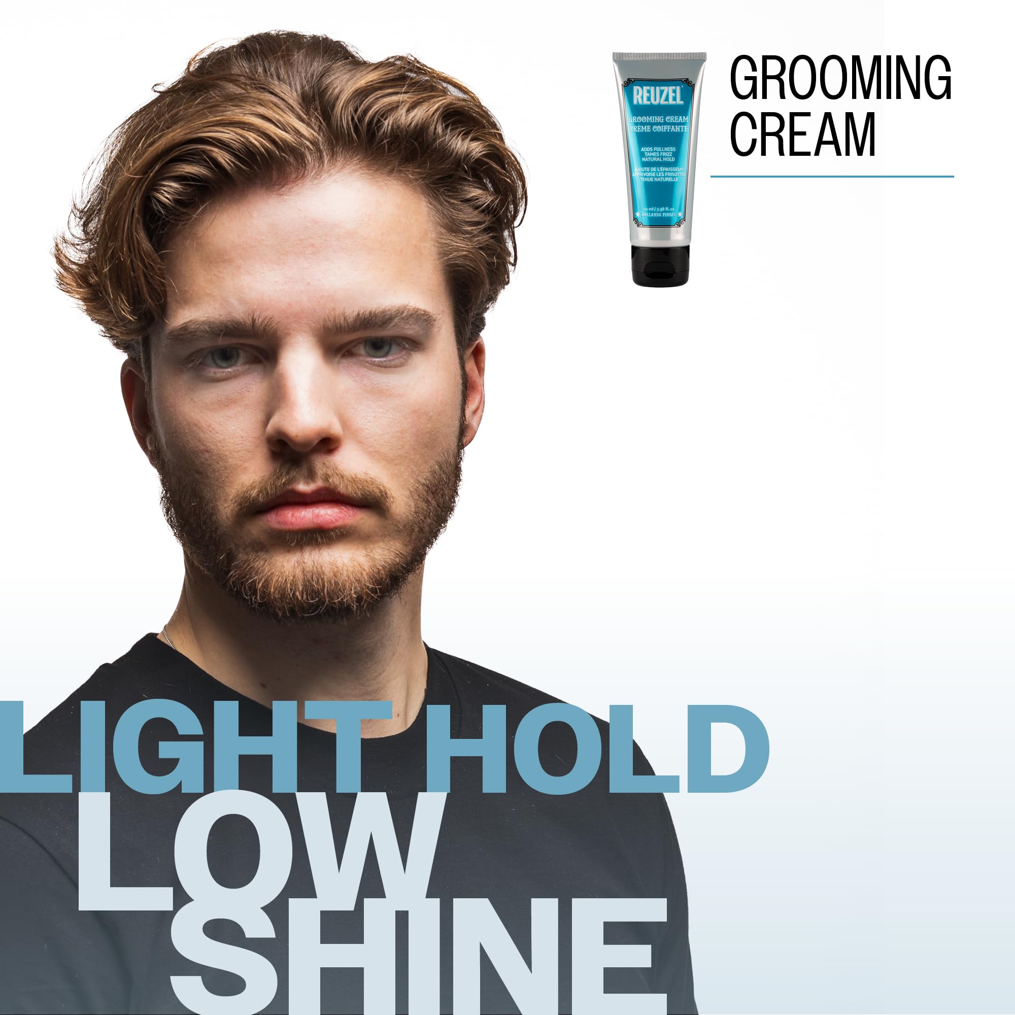 REUZEL grooming cream on hand ready to apply for lightweight control benefit