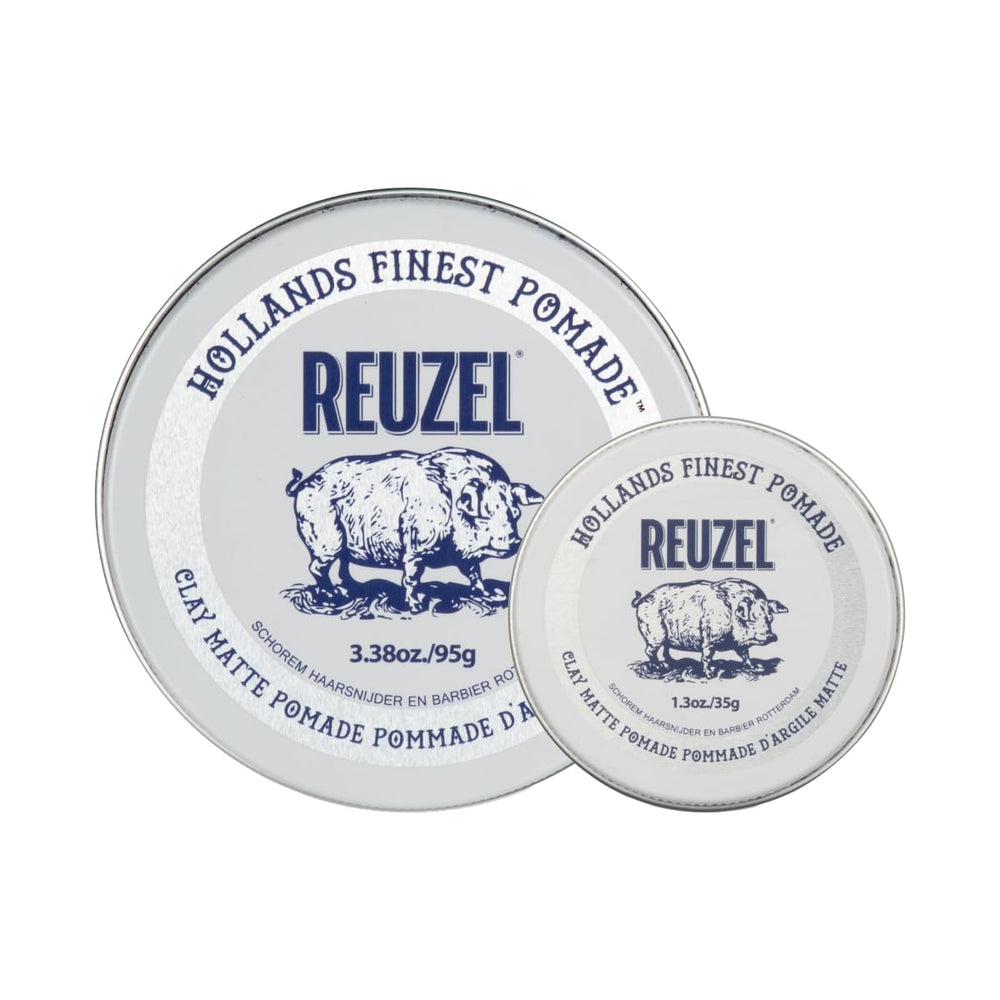 REUZEL front packaging showing matte clay pomade and brand clarity