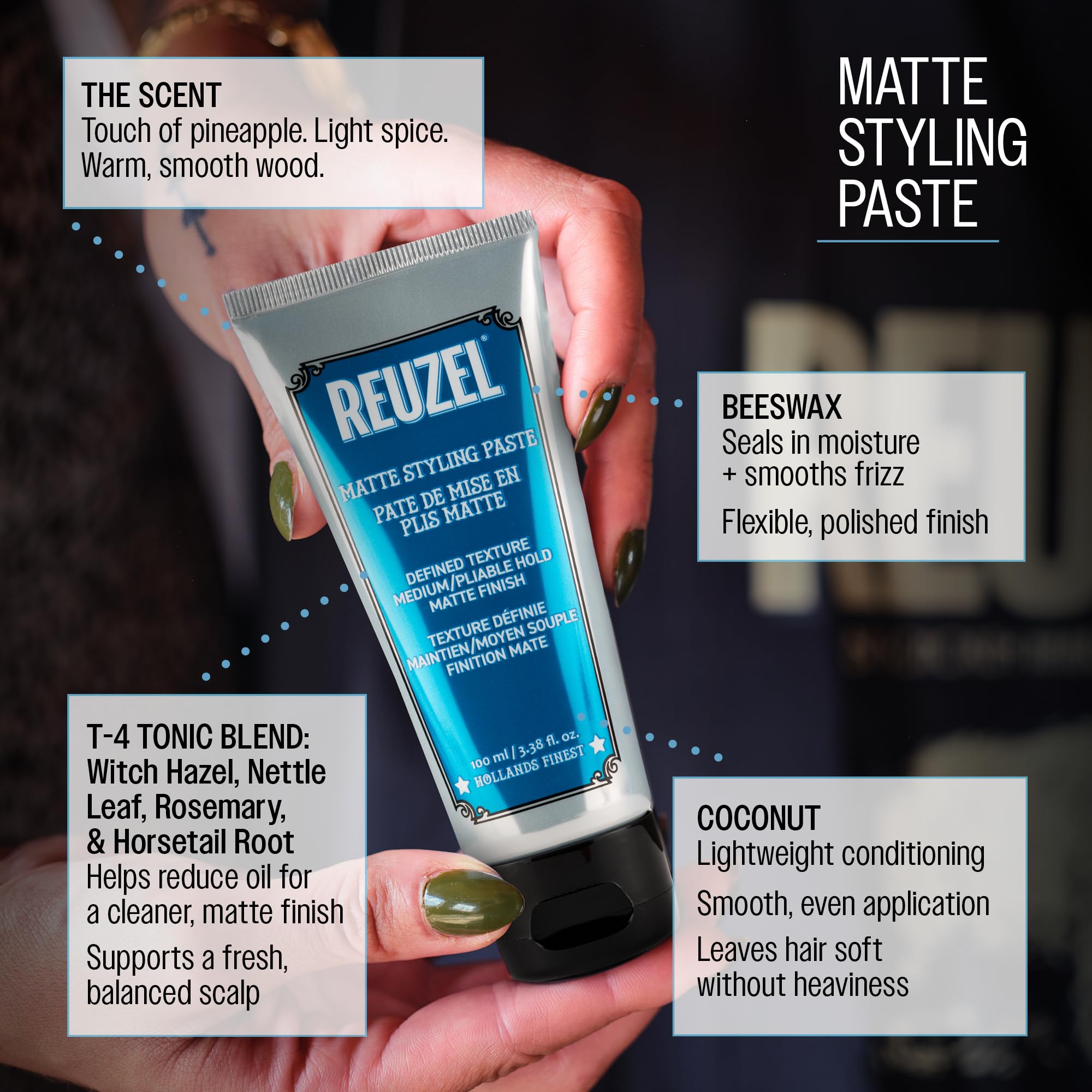 REUZEL beside a razor showing 3.38 oz scale and travel convenience