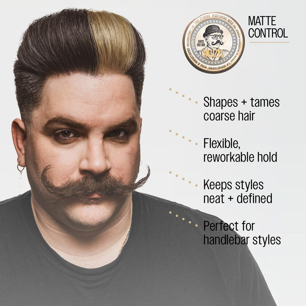 REUZEL mustache wax used to shape handlebar mustache showing strong hold benefit