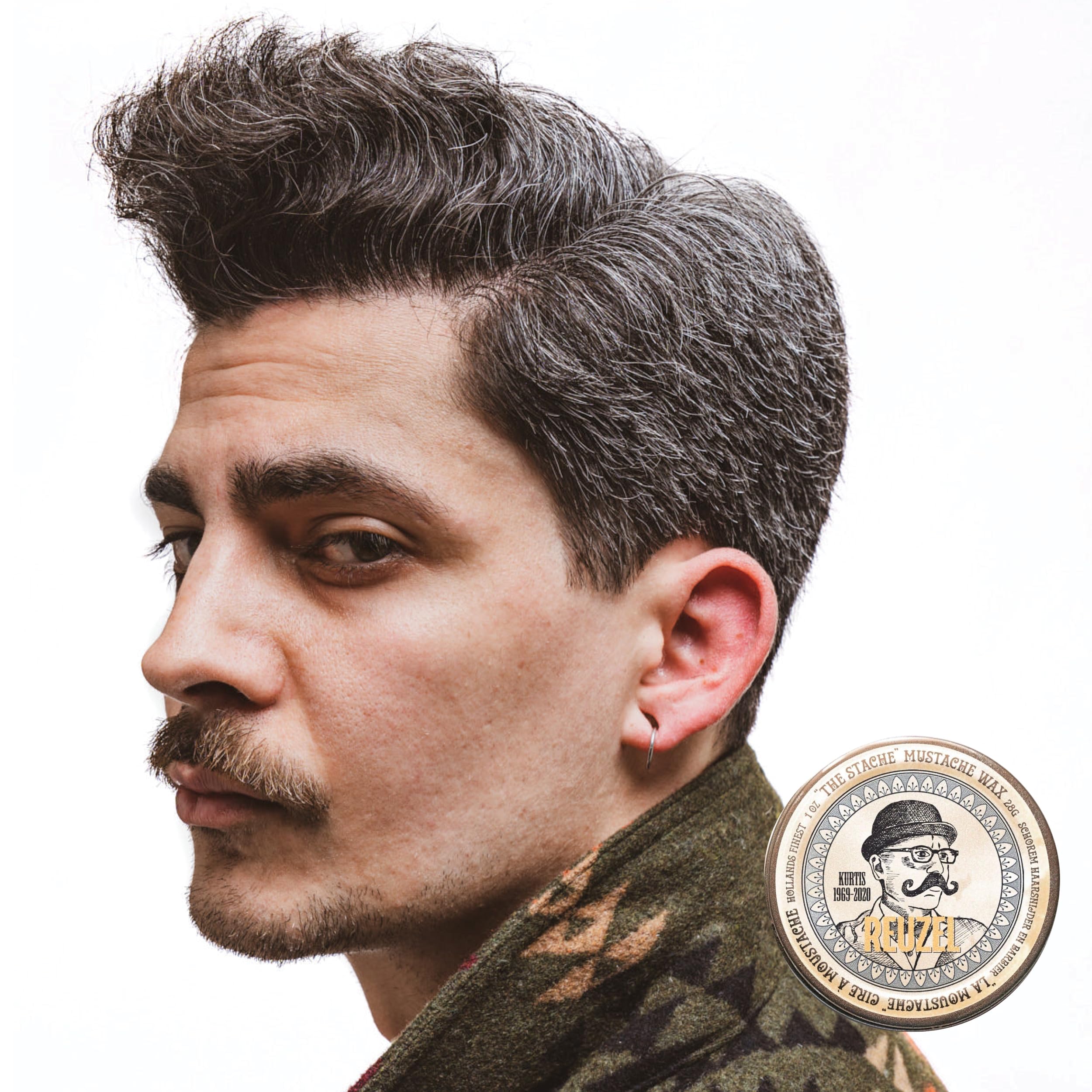 REUZEL mustache wax next to coin size comparison highlighting travel-friendly benefit