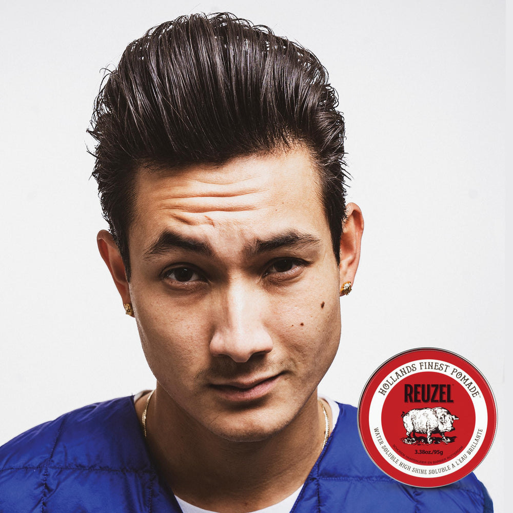 REUZEL Red pomade styled hair side view showcasing high shine and hold