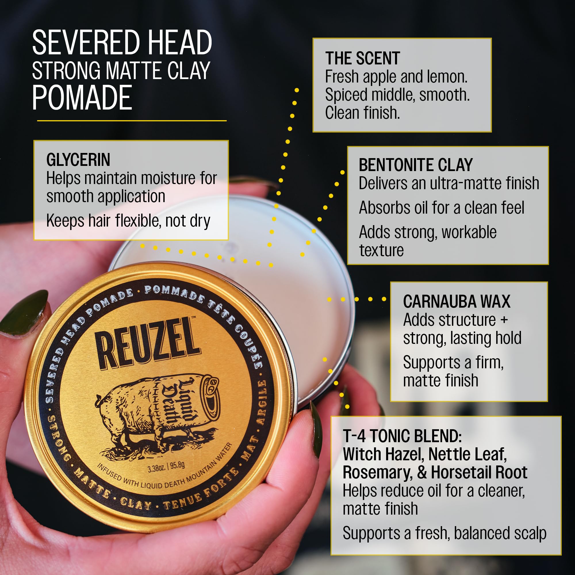 REUZEL label close-up highlighting natural ingredients and clean formulation benefit