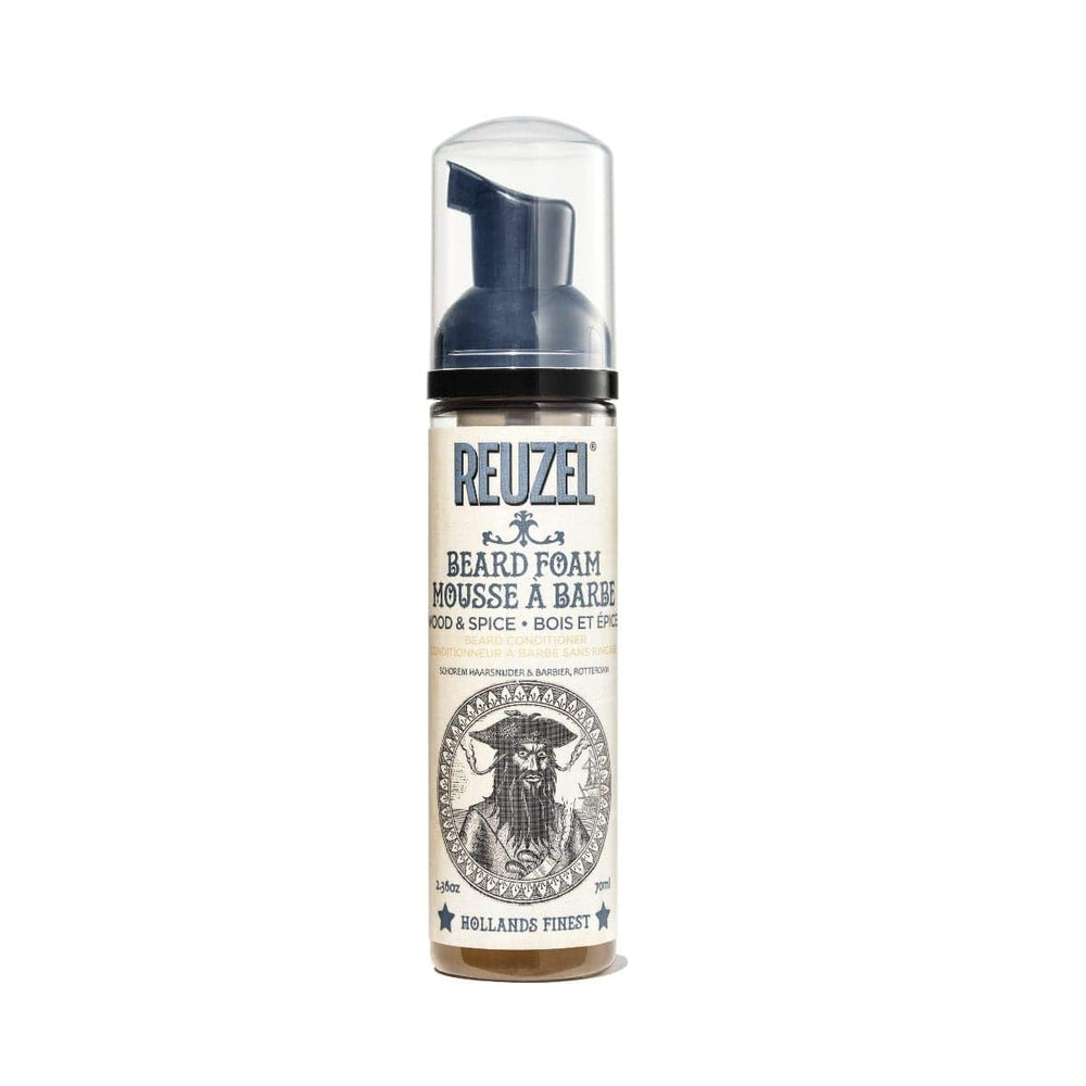 REUZEL wood and spice beard foam front bottle deodorizes and tames beard