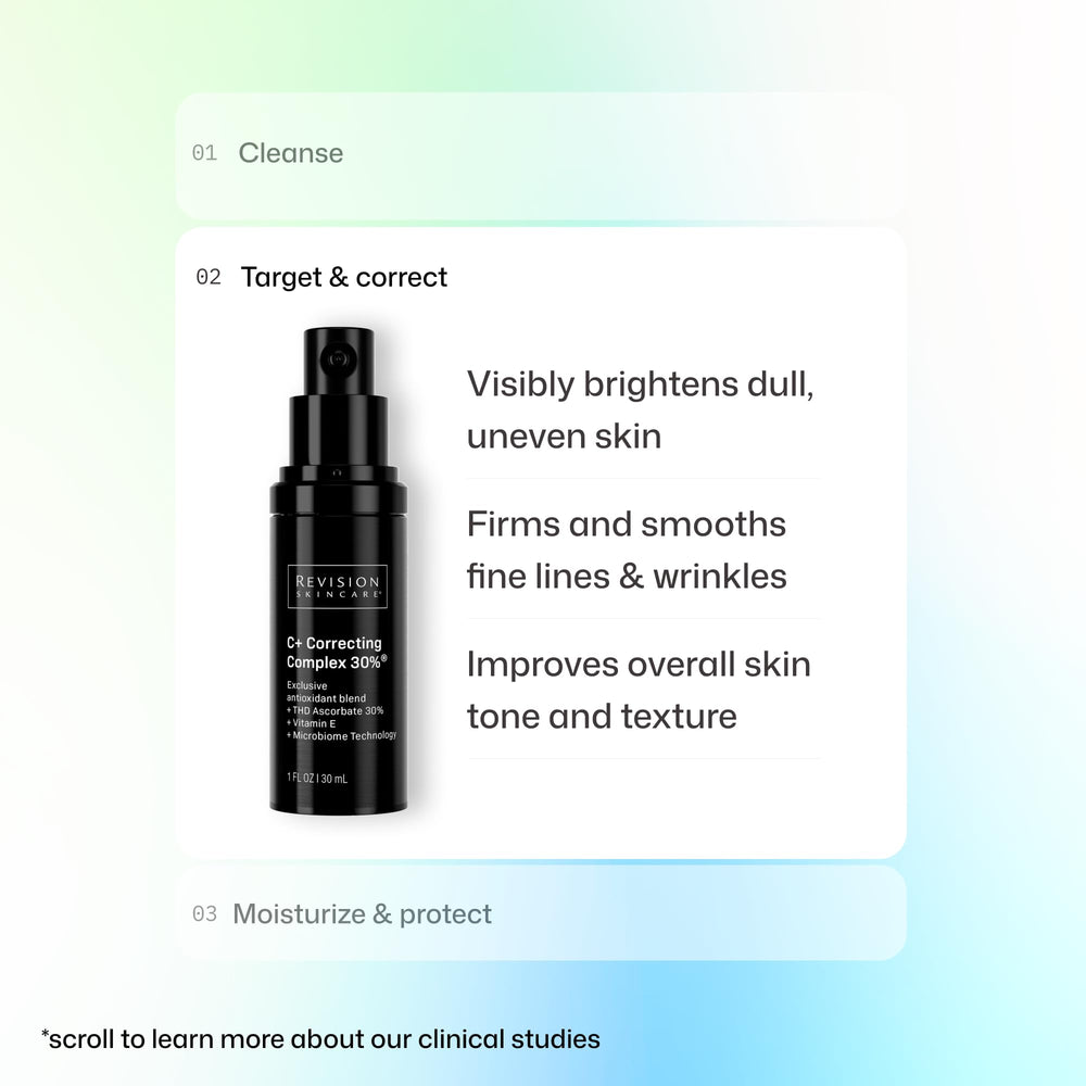 Revision Skincare bottle on clinical counter implying professional-grade formulation benefit
