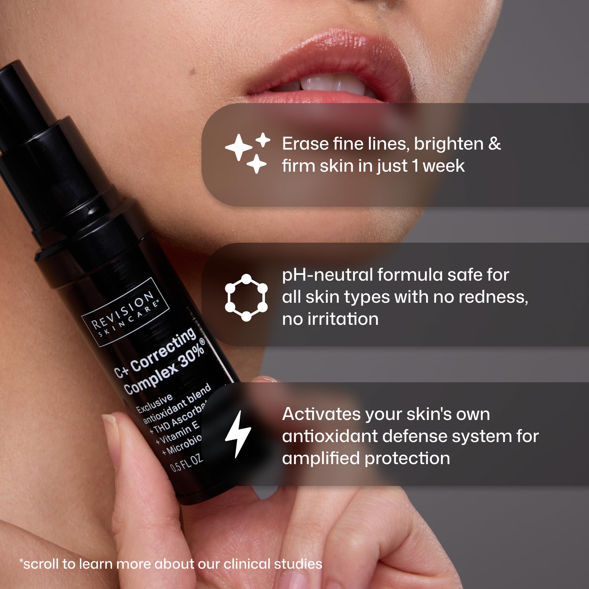 Revision Skincare bottle on bathroom vanity portraying everyday skincare routine benefit