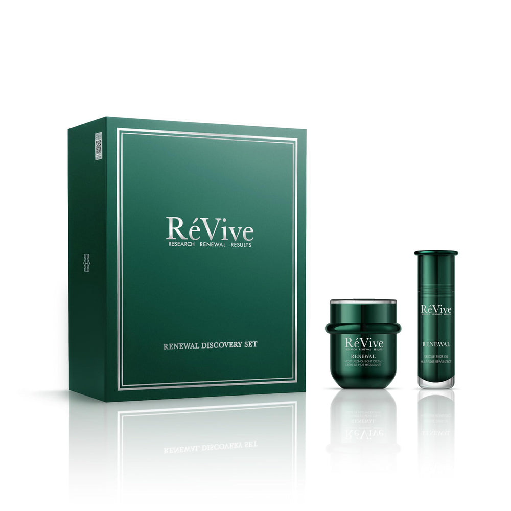 RéVive discovery set front packaging showing both mini products and clear benefits