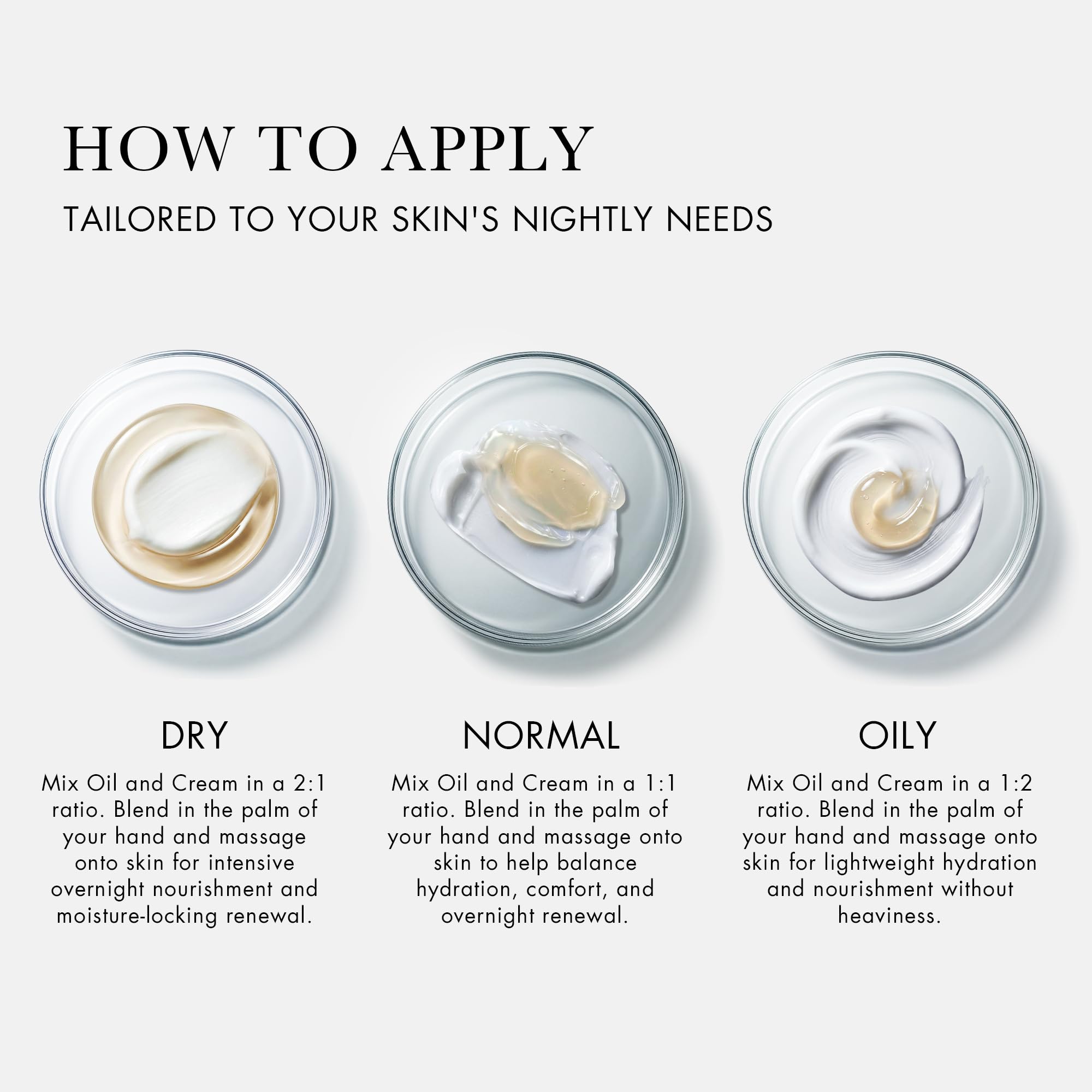 RéVive oil and cream mixed on hand demonstrating blendability and lighter absorption