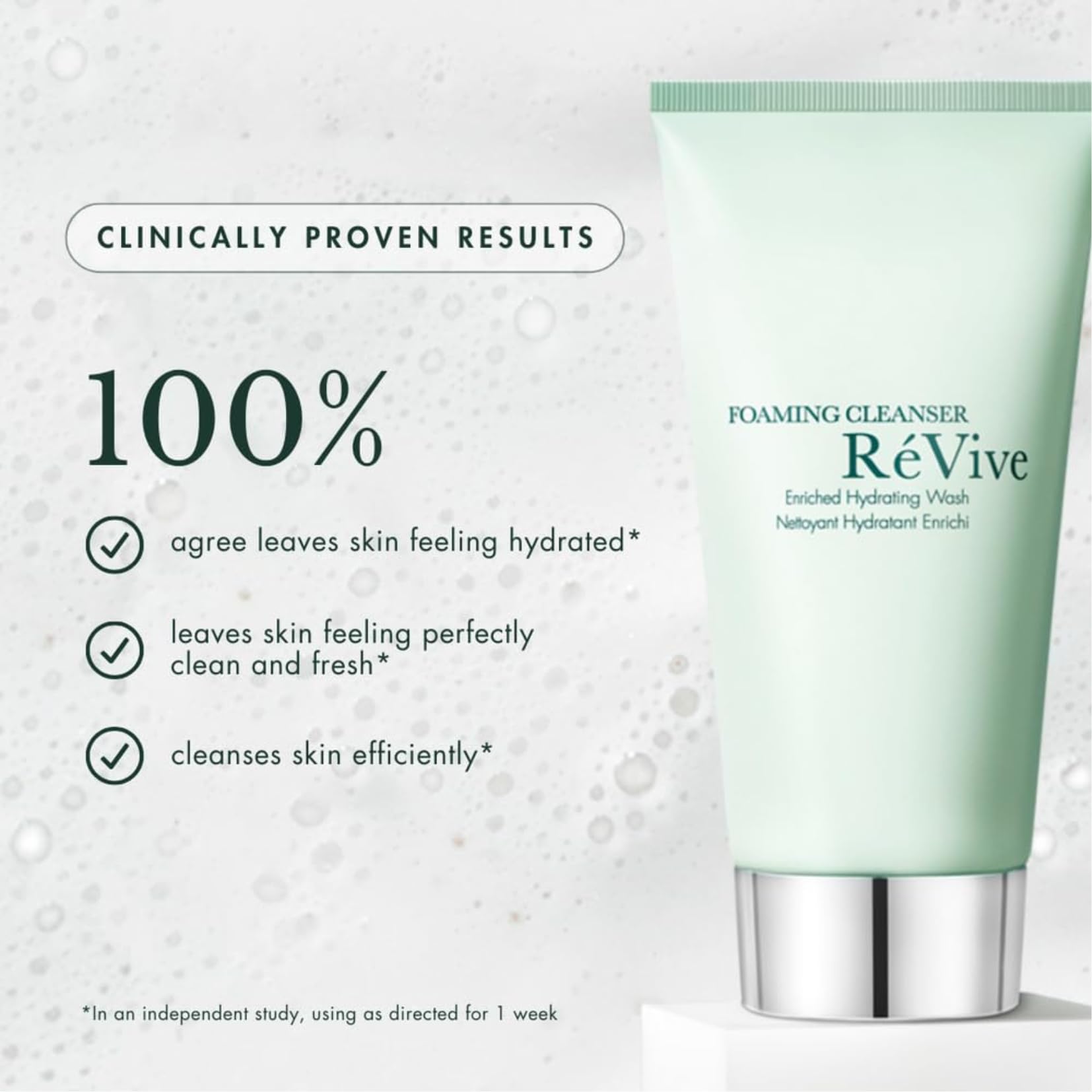 RéVive pump dispensing foam onto hand, illustrating easy, controlled use