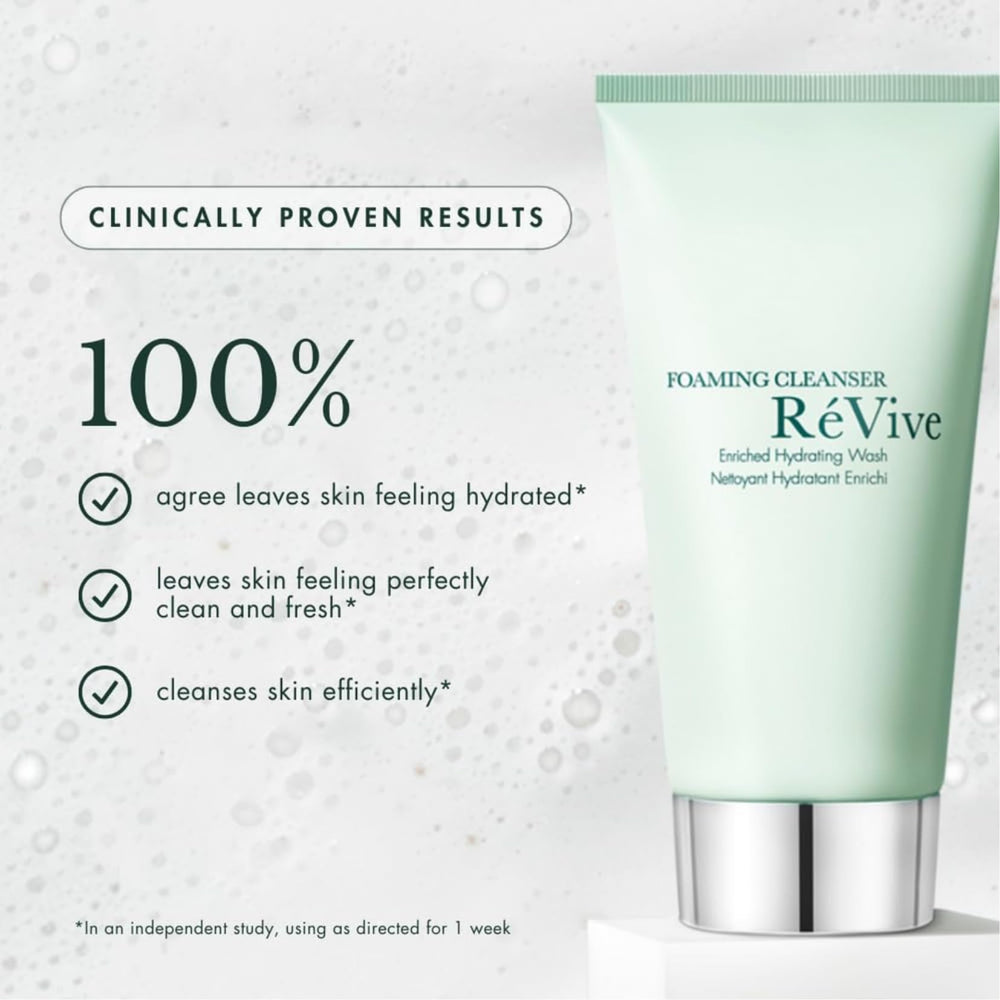 RéVive pump dispensing foam onto hand, illustrating easy, controlled use