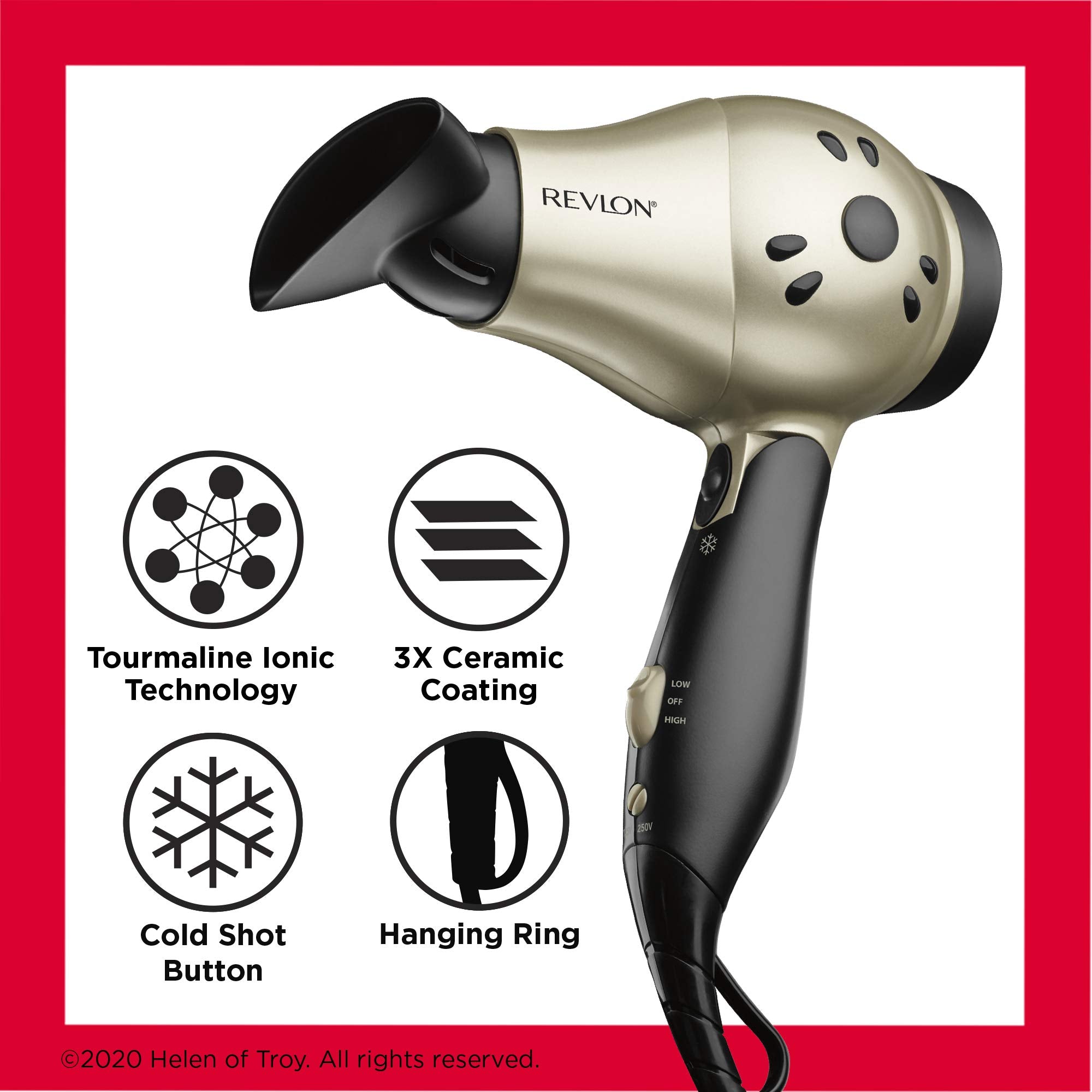 REVLON dual-voltage label close-up highlighting travel-ready compatibility benefit