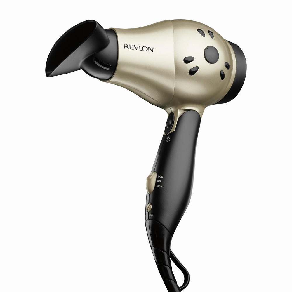 REVLON front view of compact dryer showing controls and compact shape for easy packing
