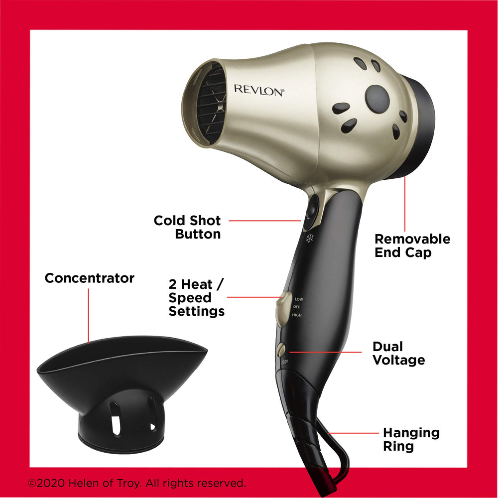 REVLON hair dryer in hand to show scale and lightweight portability benefit