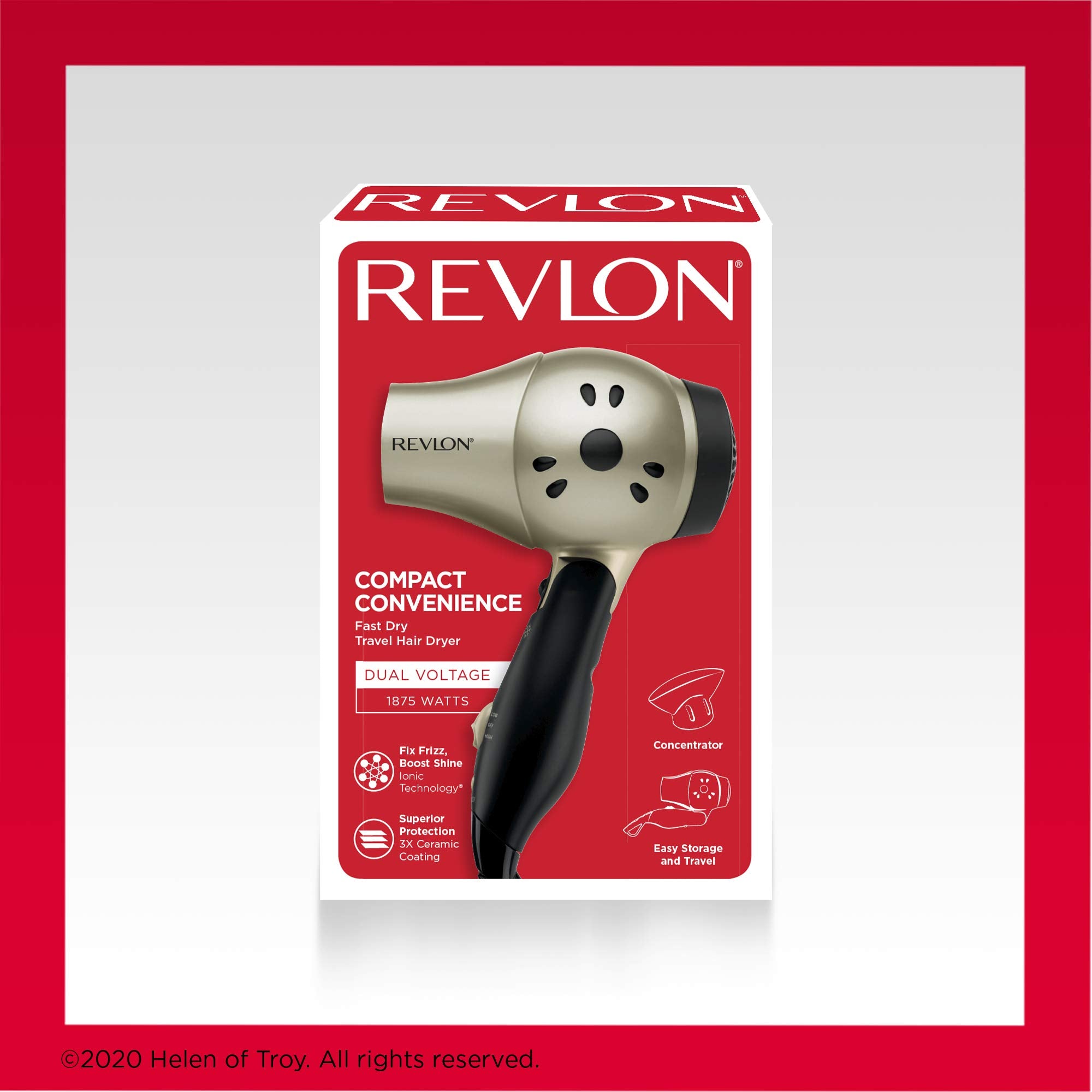 REVLON dryer next to suitcase and toiletries showing travel convenience benefit