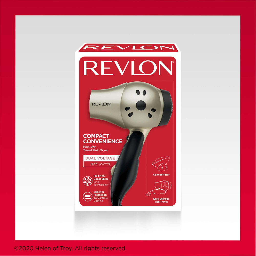 REVLON dryer next to suitcase and toiletries showing travel convenience benefit