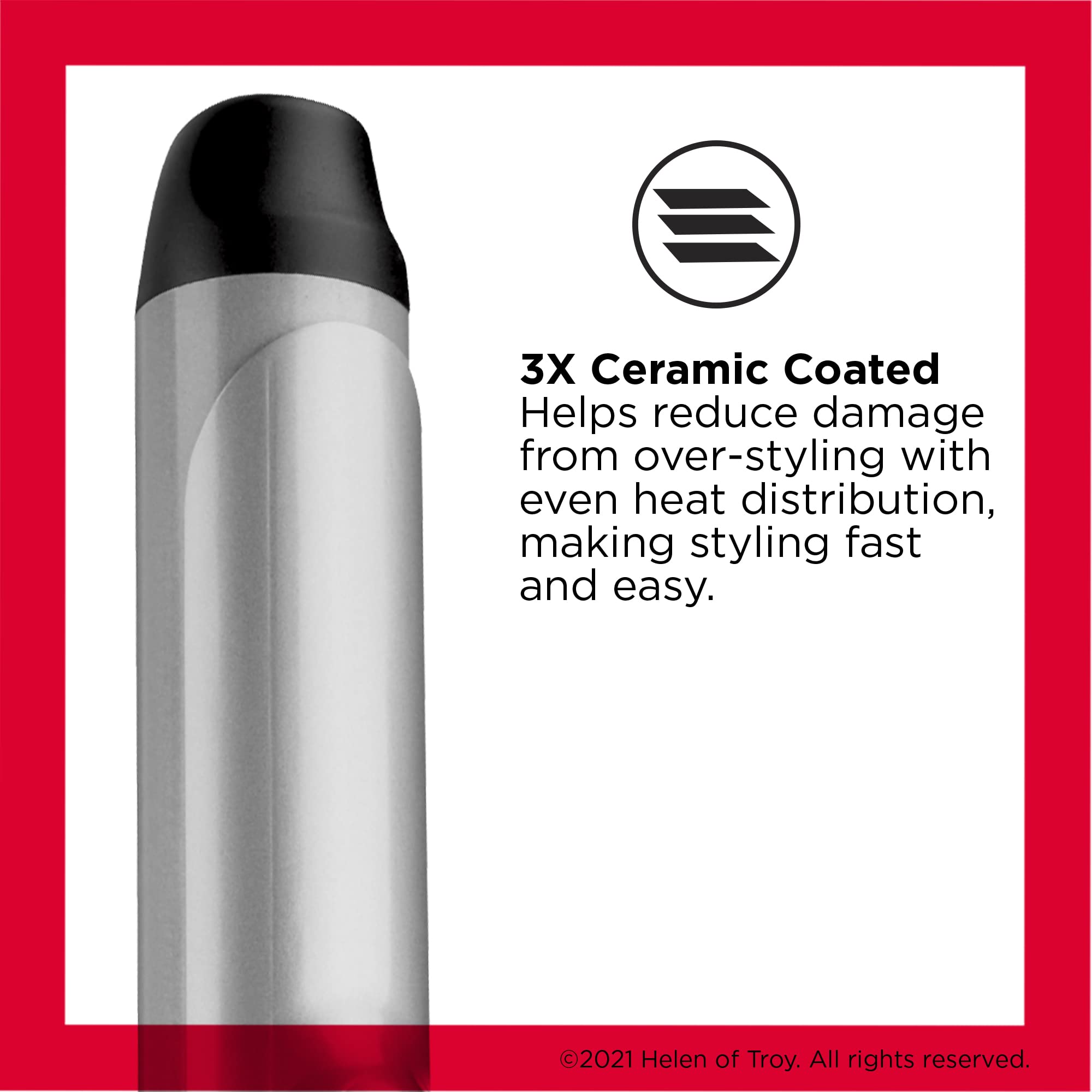 REVLON close-up of triple-ceramic barrel showing smooth finish for even heat