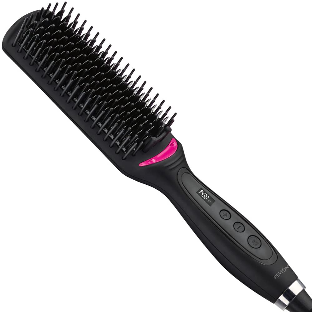 Revlon brush front view showing XL ceramic plate and controls for faster styling