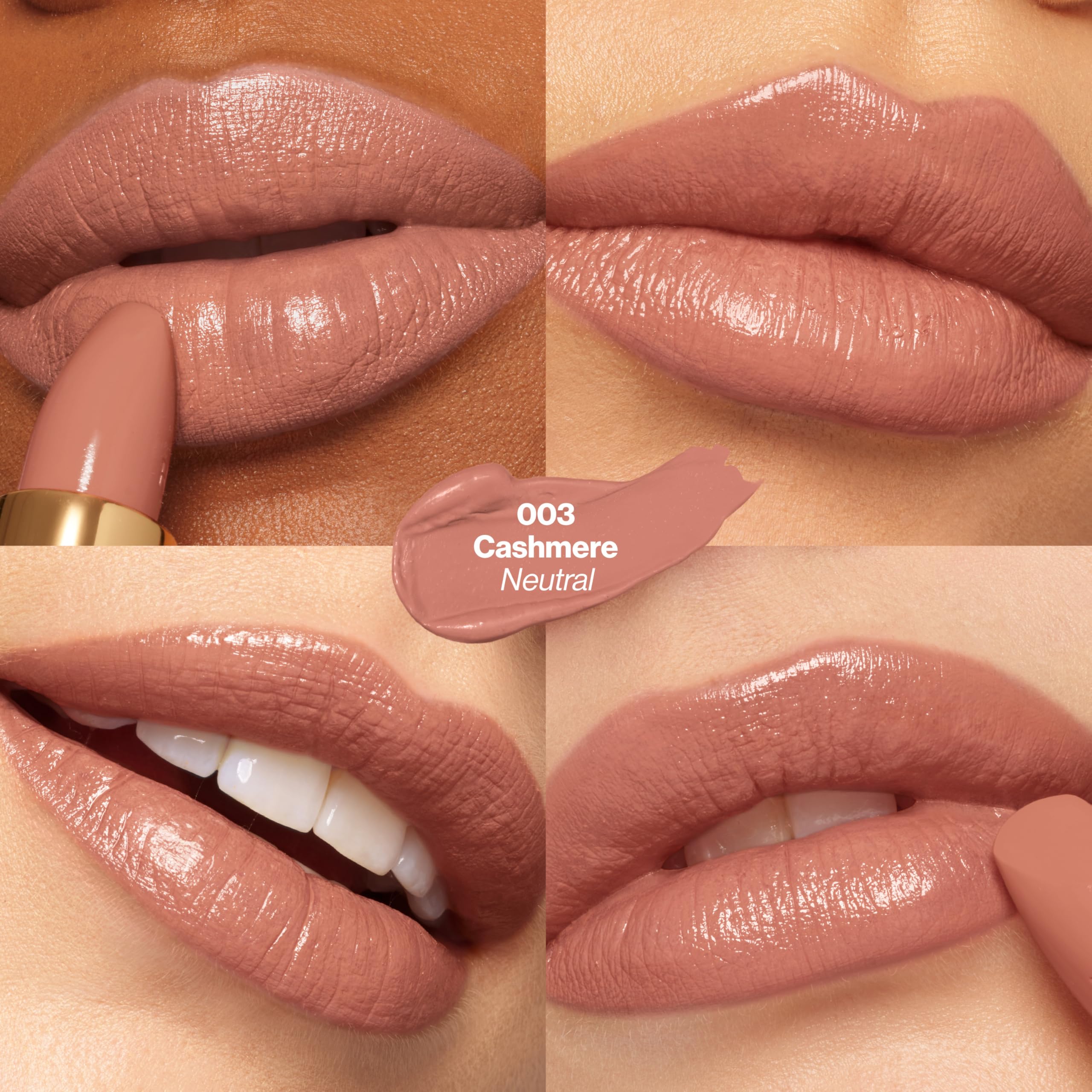 REVLON Cashmere swiped on lips close-up, demonstrating true-to-tube color benefit