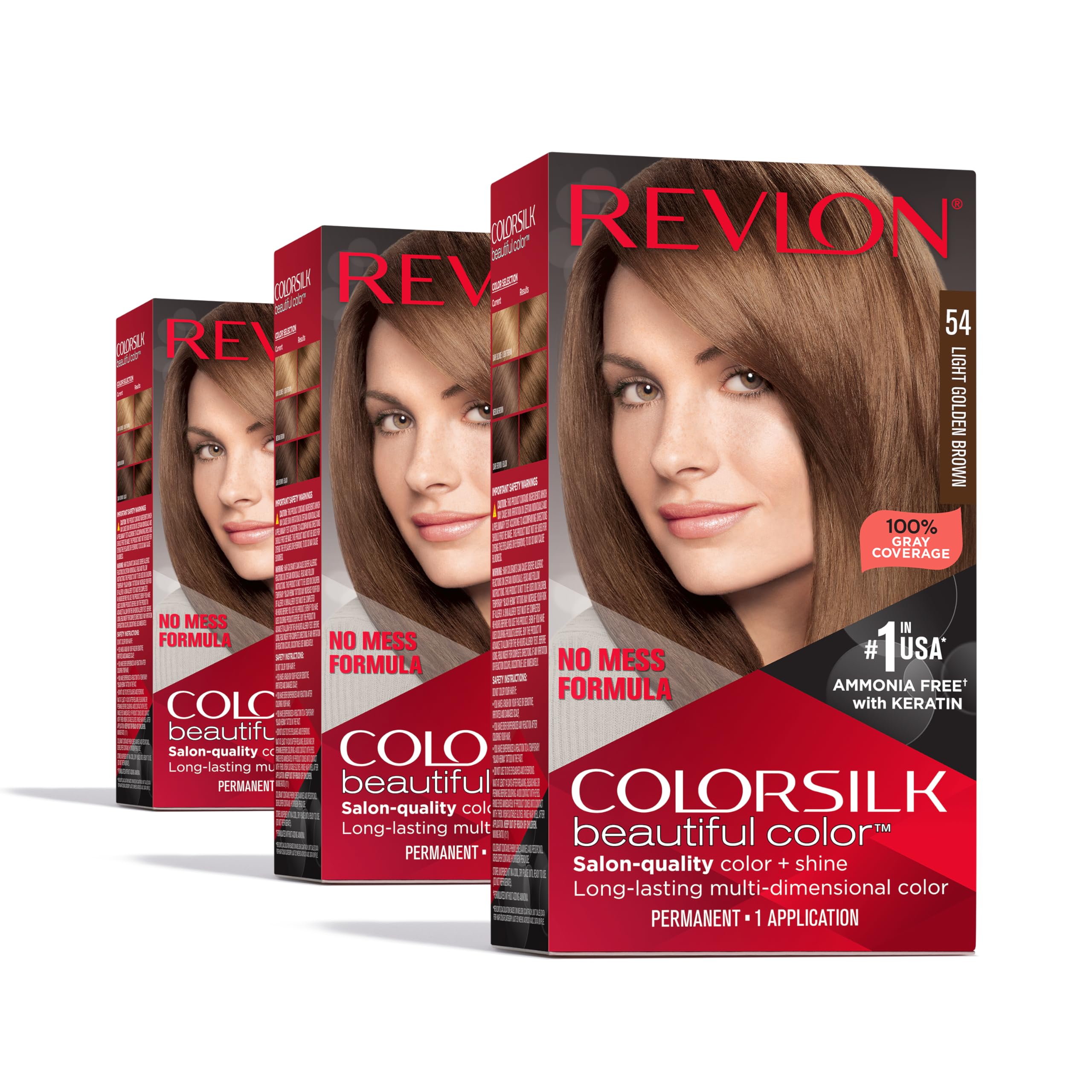 Revlon ColorSilk front packaging showing shade 54 and benefit of shiny multidimensional color