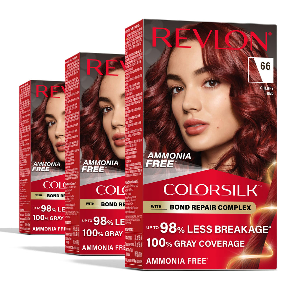 Revlon ColorSilk front packaging showing 66 Cherry Red and benefits