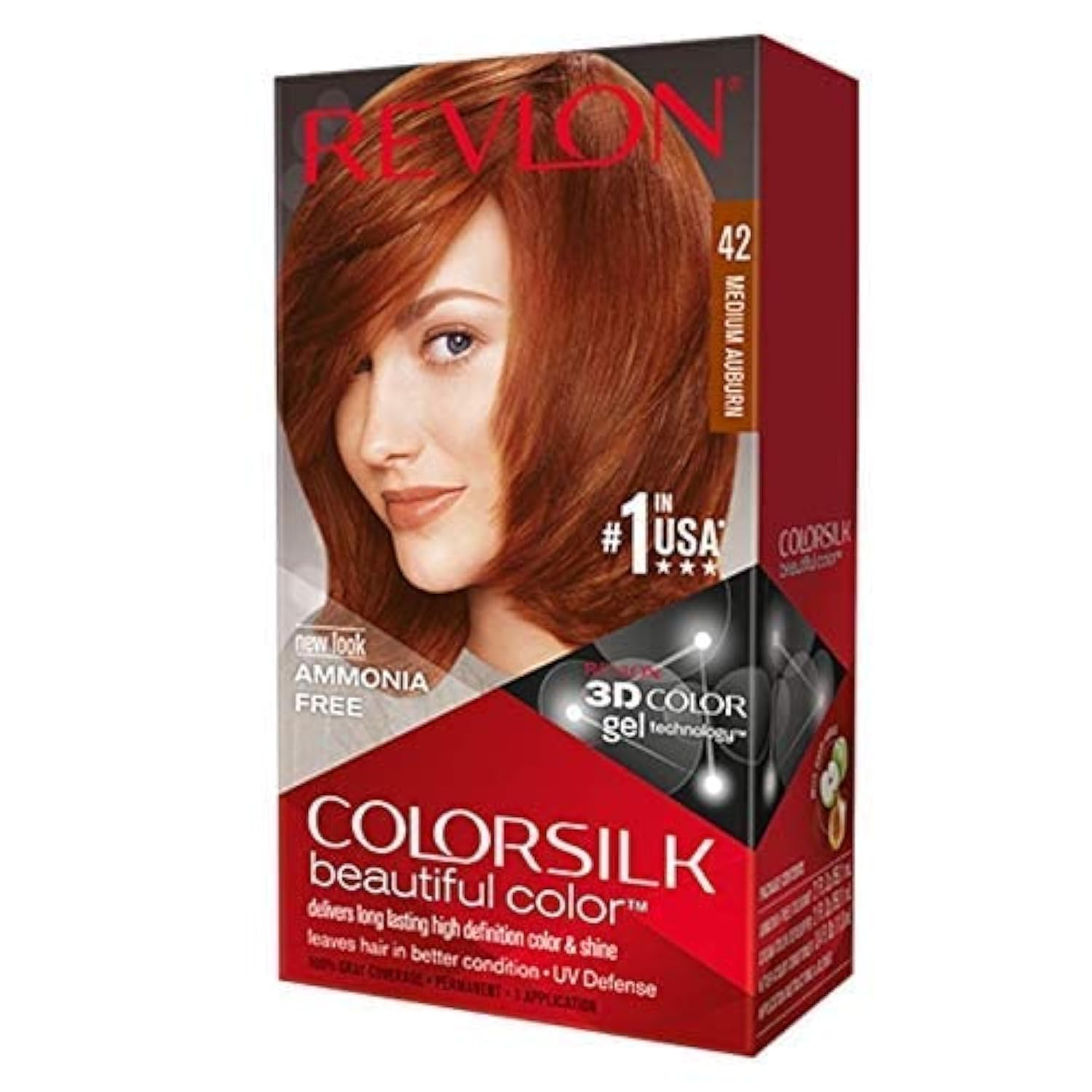 Revlon ColorSilk front packaging showing medium auburn shade and benefits