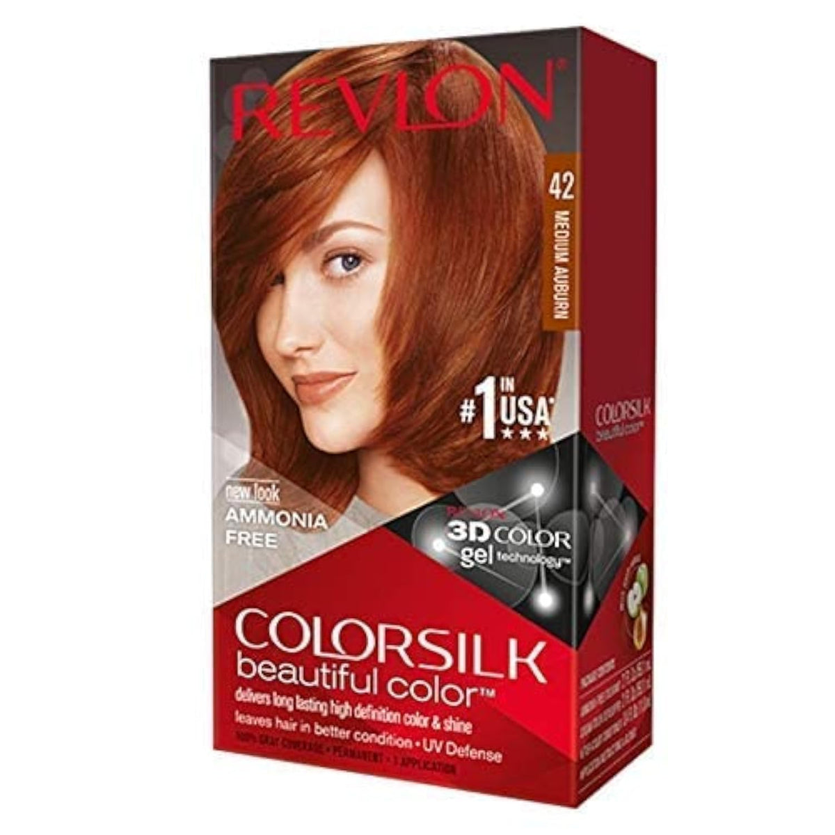 Revlon ColorSilk front packaging showing medium auburn shade and benefits