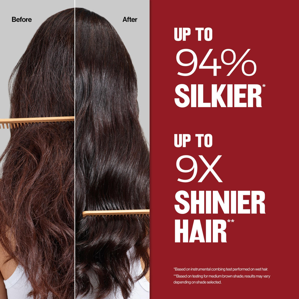 Application brush with Revlon ColorSilk color showing precise at‑home coverage