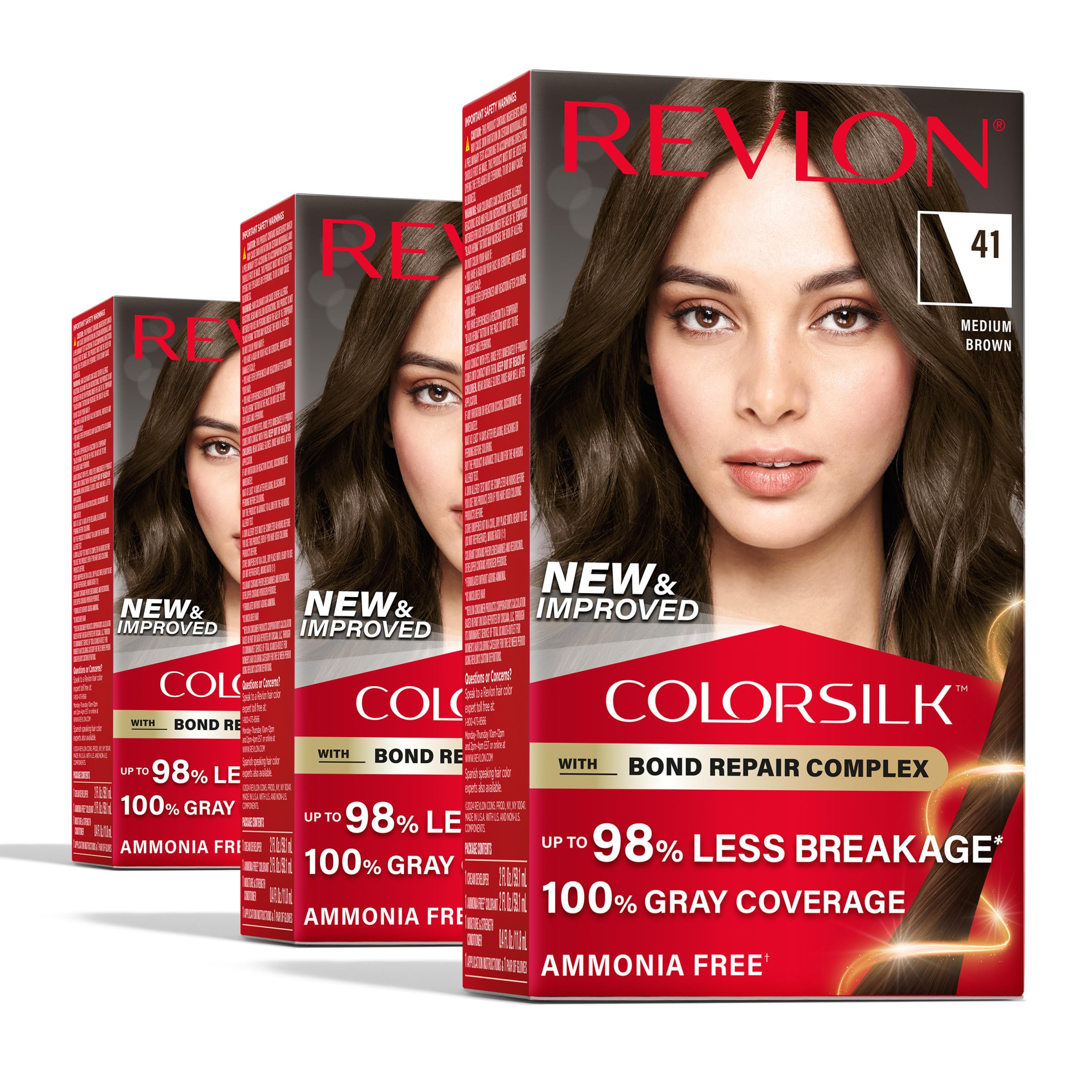 Revlon ColorSilk front packaging showing shade 41 Medium Brown and benefits