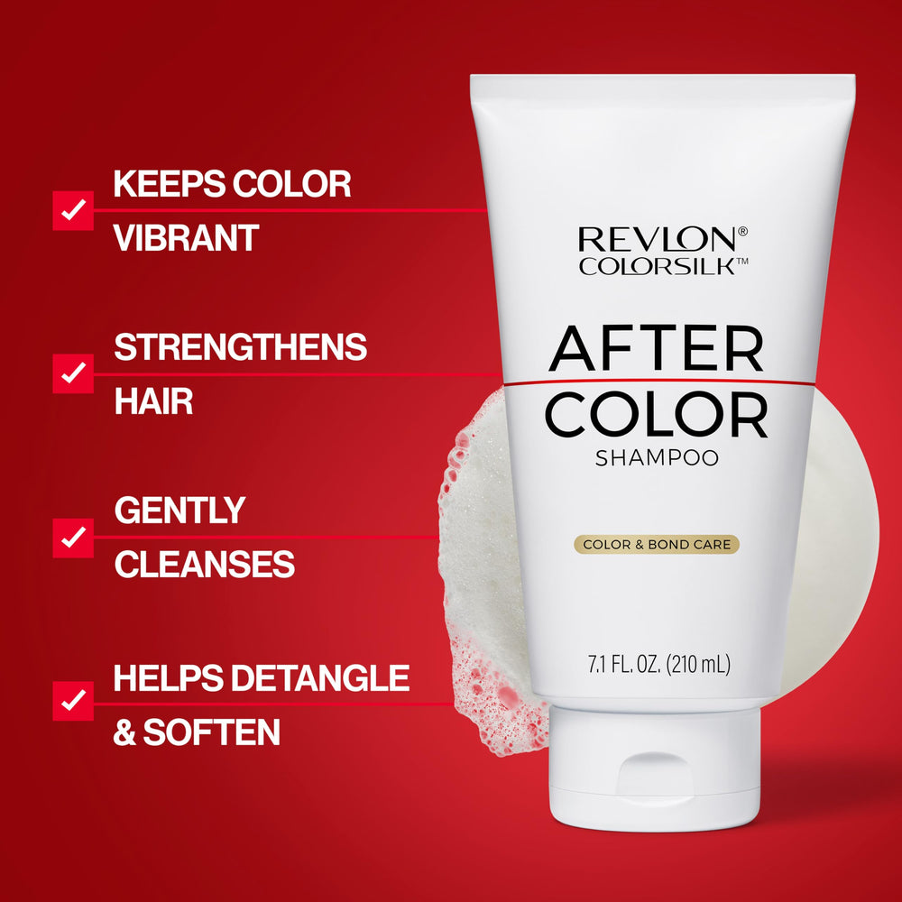 REVLON ColorSilk shampoo pouring texture highlighting gentle, non-stripping cleanse