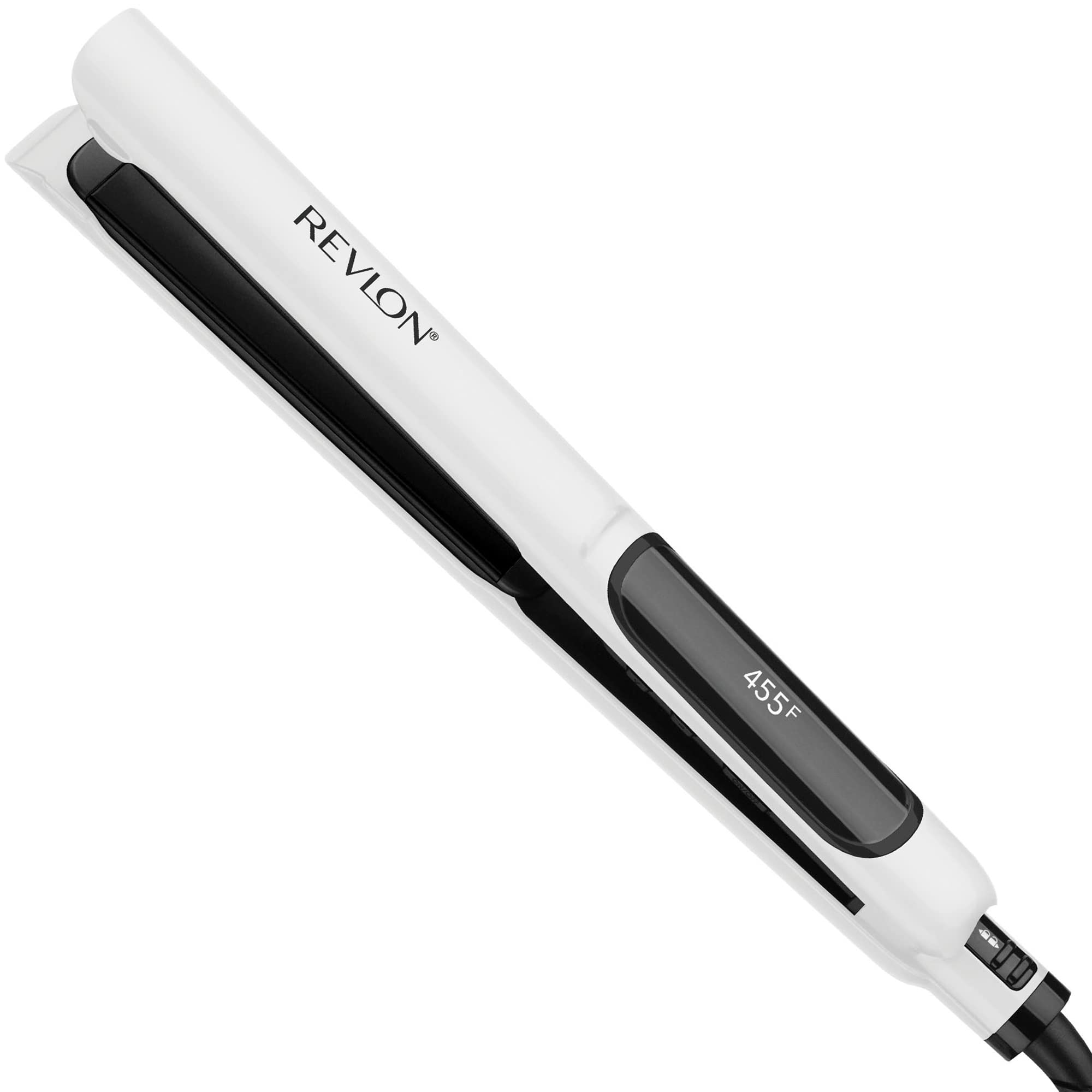 REVLON flat iron front view showing sleek design and easy grip benefit