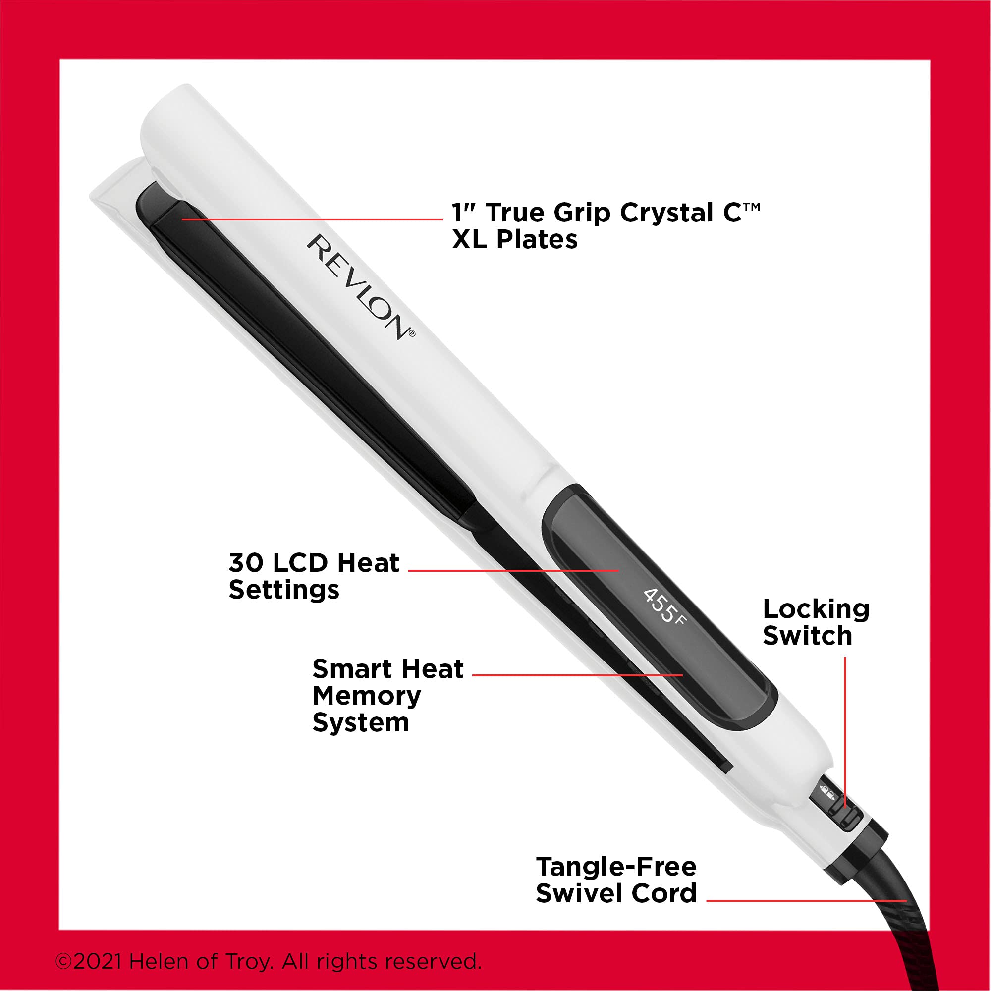 REVLON flat iron smoothing hair in use for frizz-free straight styles