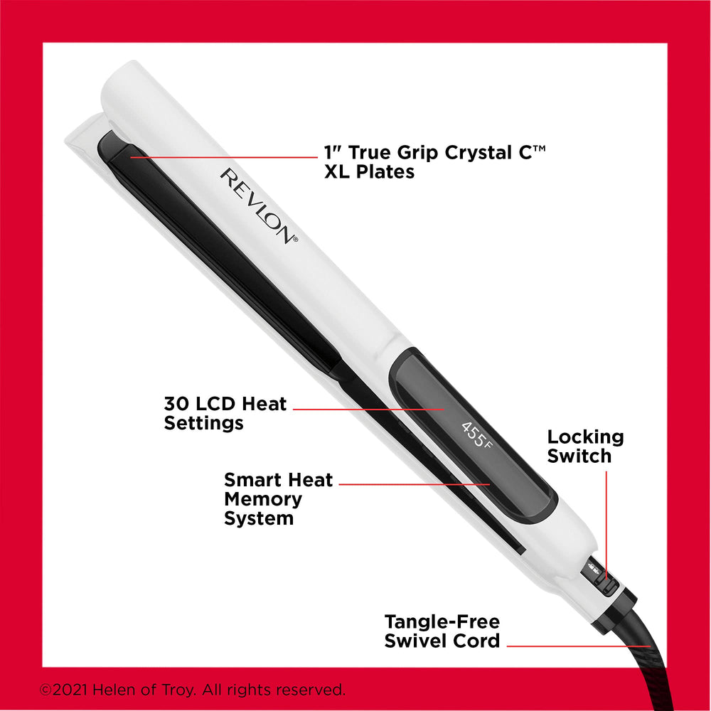 REVLON flat iron smoothing hair in use for frizz-free straight styles