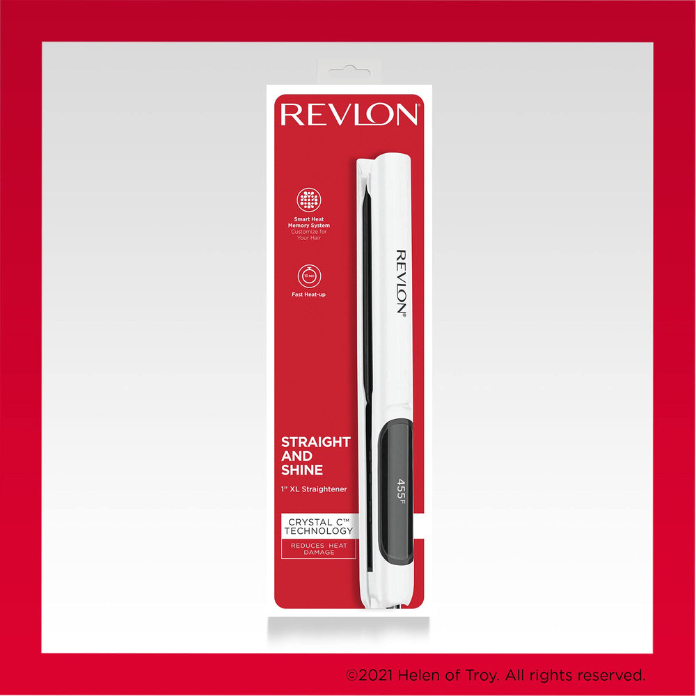 REVLON iron beside ruler and locked closed for compact travel-friendly storage