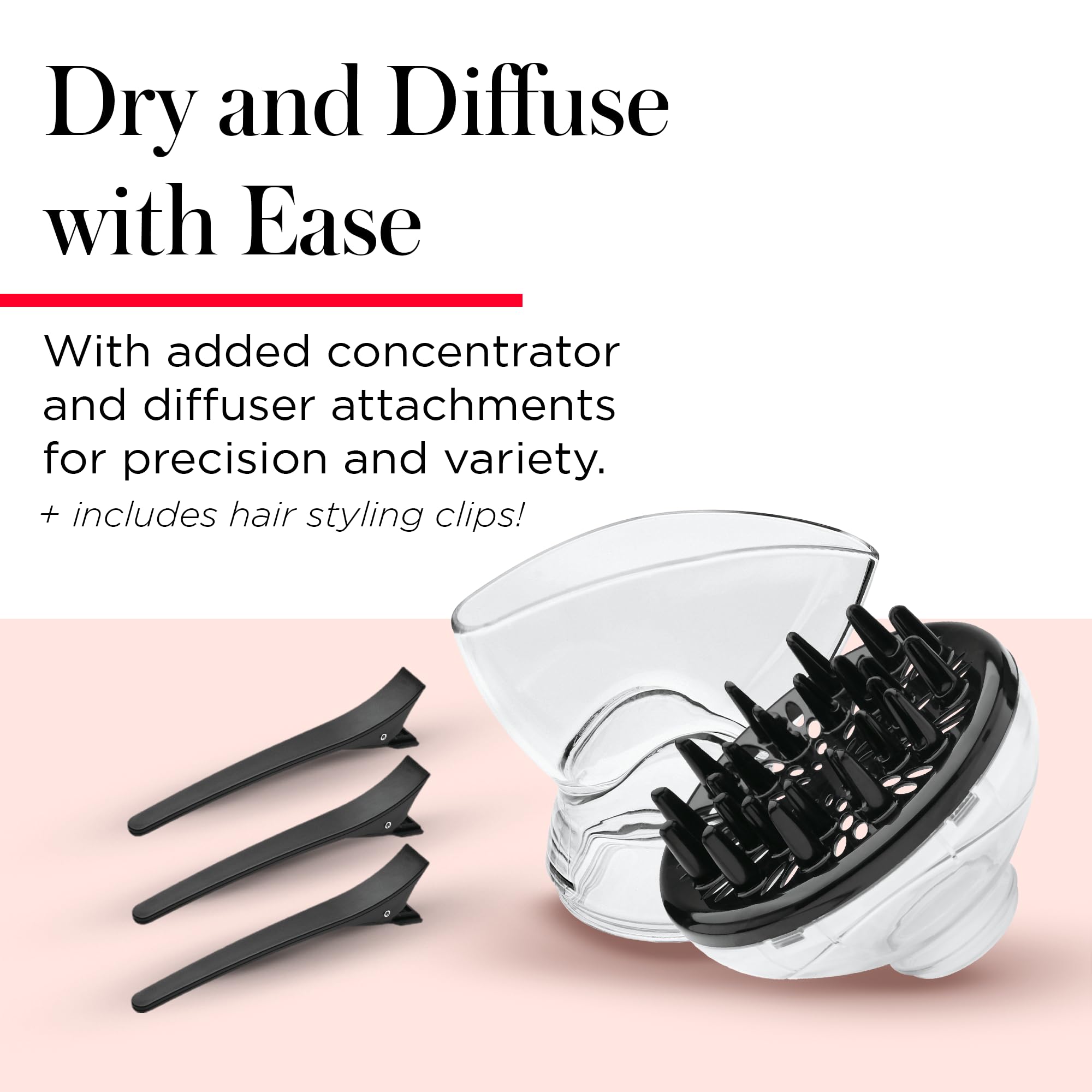 REVLON diffuser attached demonstrating defined curls and gentle volume benefit