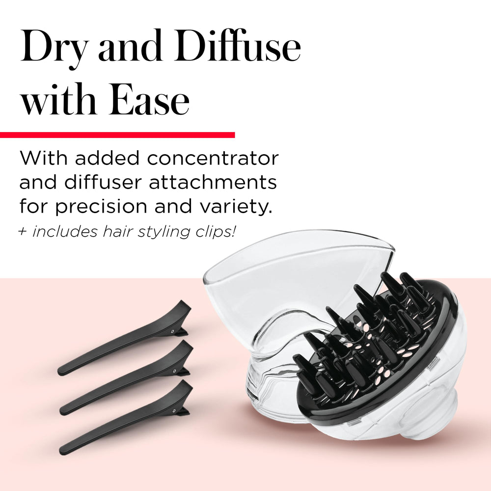 REVLON diffuser attached demonstrating defined curls and gentle volume benefit