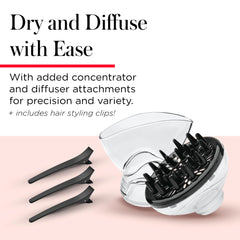 REVLON diffuser attached demonstrating defined curls and gentle volume benefit