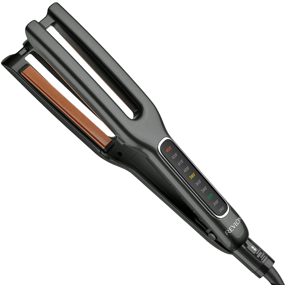 Revlon double straight front view showing sleek profile and travel-ready lock for convenience