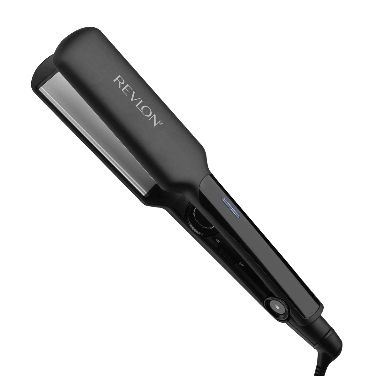 REVLON flat iron front view showing sleek black design and larger plates for efficient styling