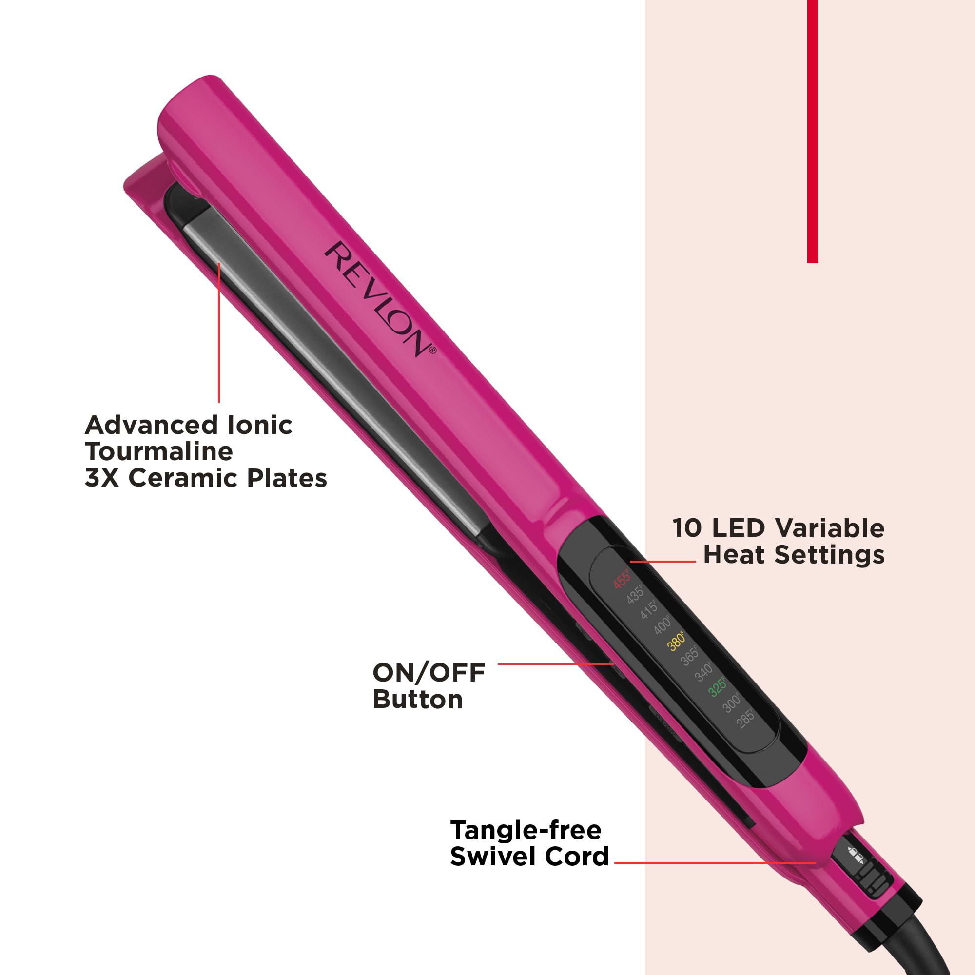 Revlon flat iron controls and packaging showing LED settings and safety features