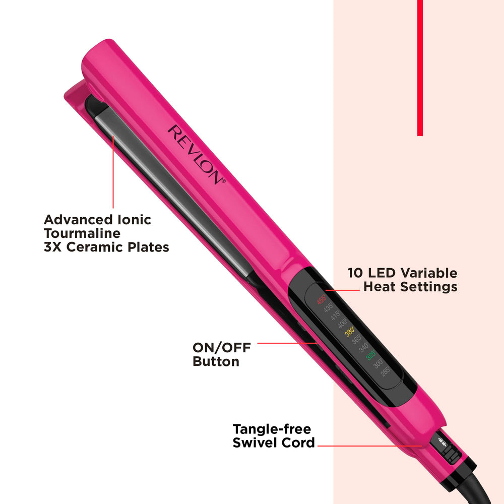 Revlon flat iron controls and packaging showing LED settings and safety features