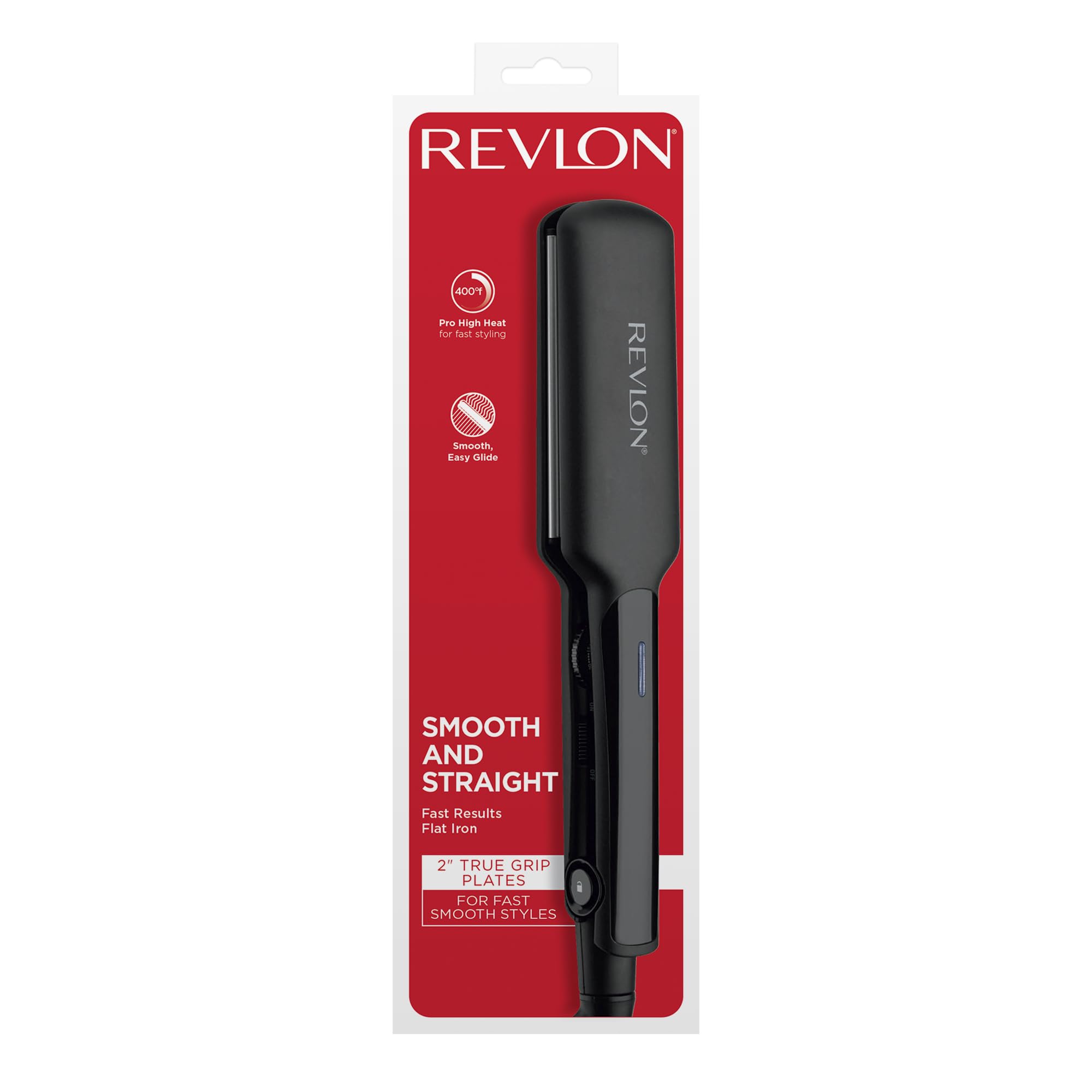 REVLON flat iron next to travel bag illustrating compact design for on-the-go styling