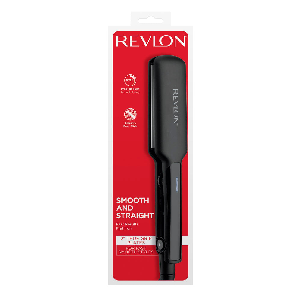 REVLON flat iron next to travel bag illustrating compact design for on-the-go styling