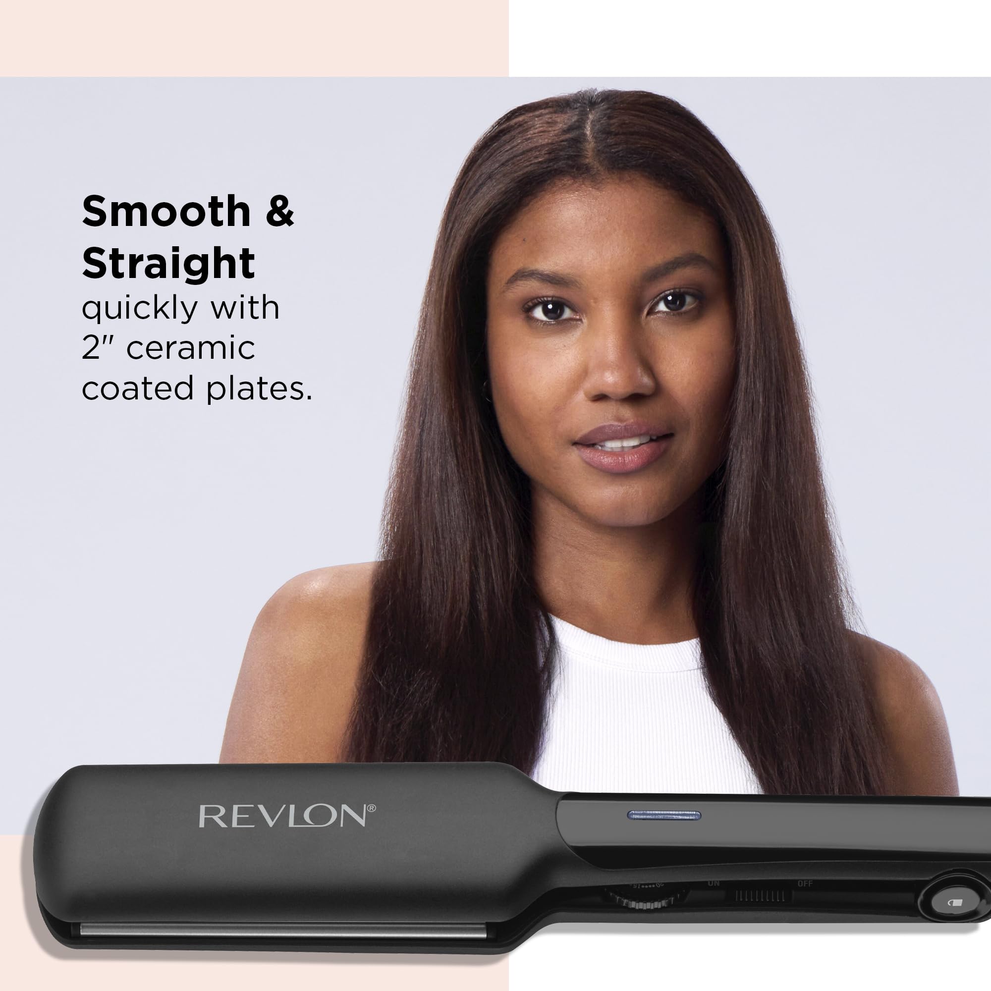 REVLON ceramic-coated plate close-up highlighting even heat surface for gentler styling