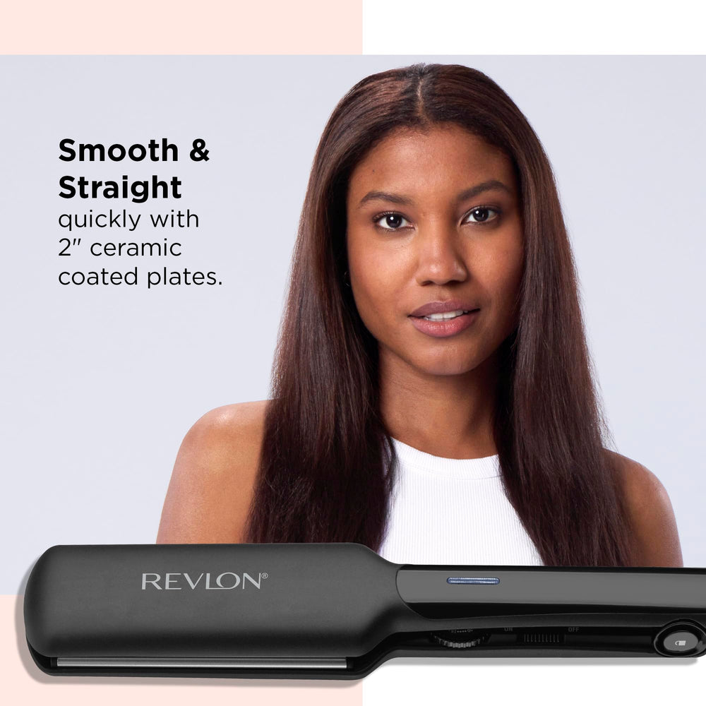 REVLON ceramic-coated plate close-up highlighting even heat surface for gentler styling