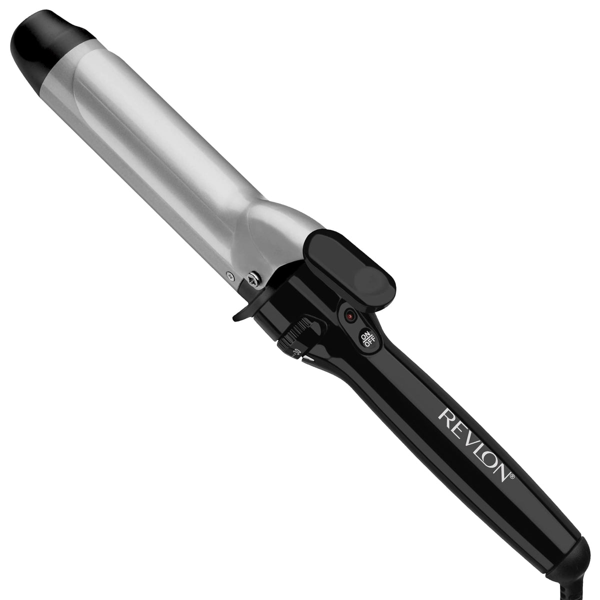 REVLON front view of curling iron showing controls and ergonomic handle for easy styling