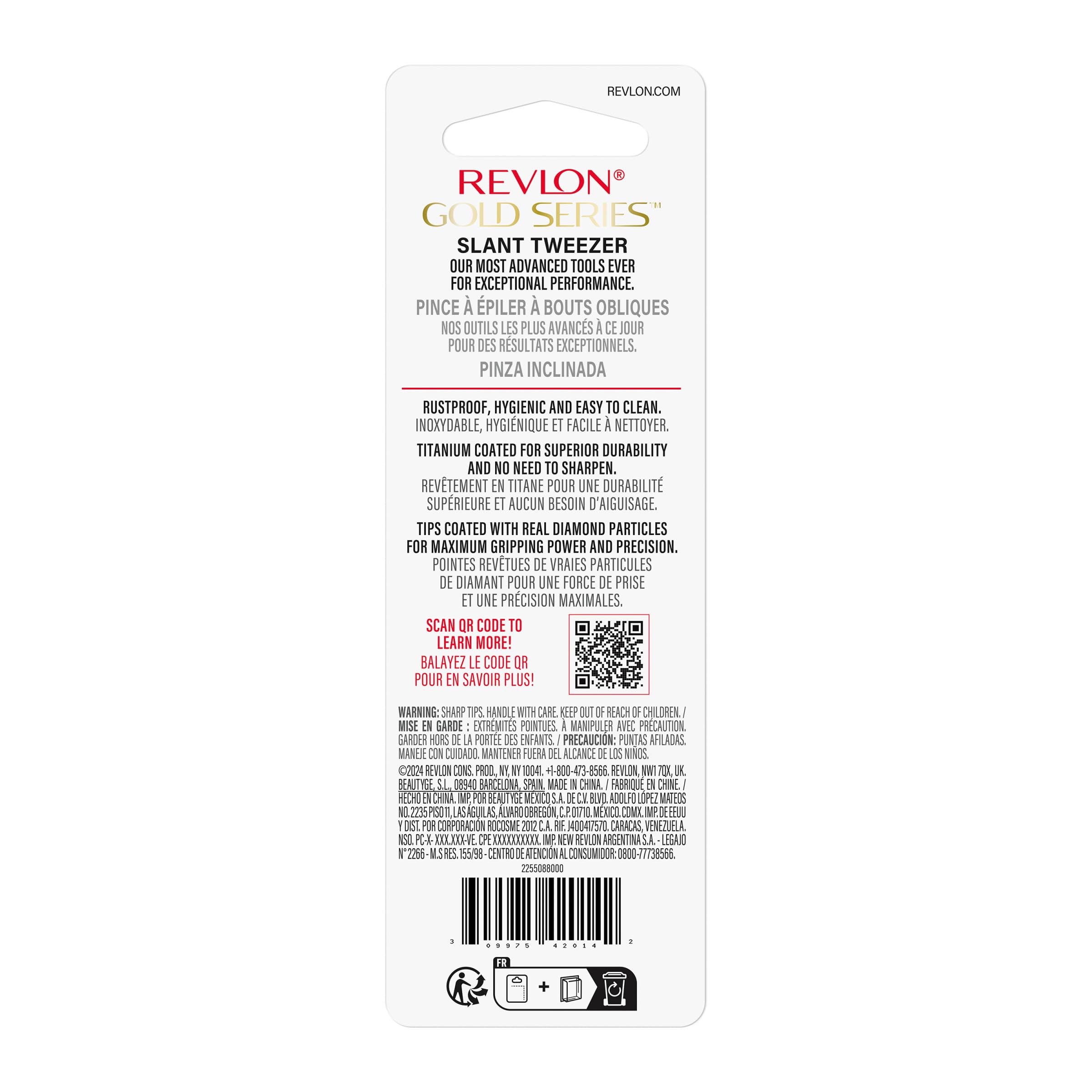 Revlon tweezer packaging and label highlighting gold series quality