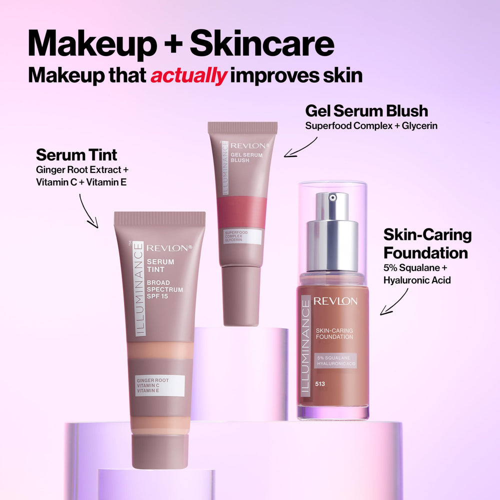 Detailed bottle label of Revlon Illuminance showing SPF and skincare ingredients benefit