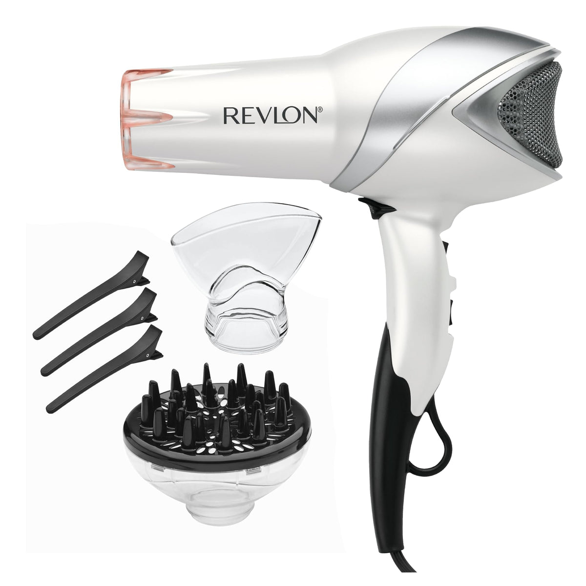 REVLON front view of white infrared ionic hair dryer showing sleek design and fast drying