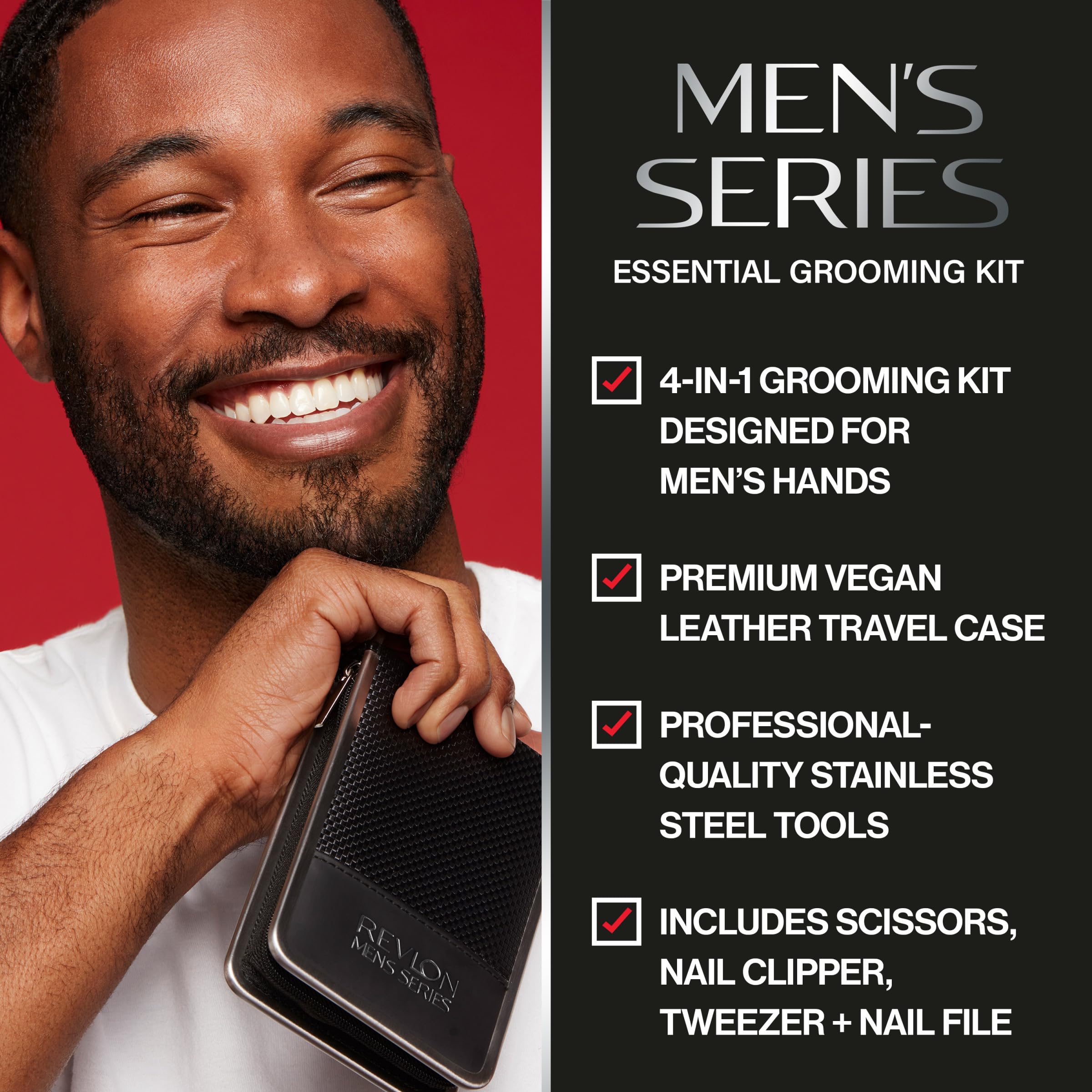 Revlon open vegan leather case displaying four stainless steel grooming tools